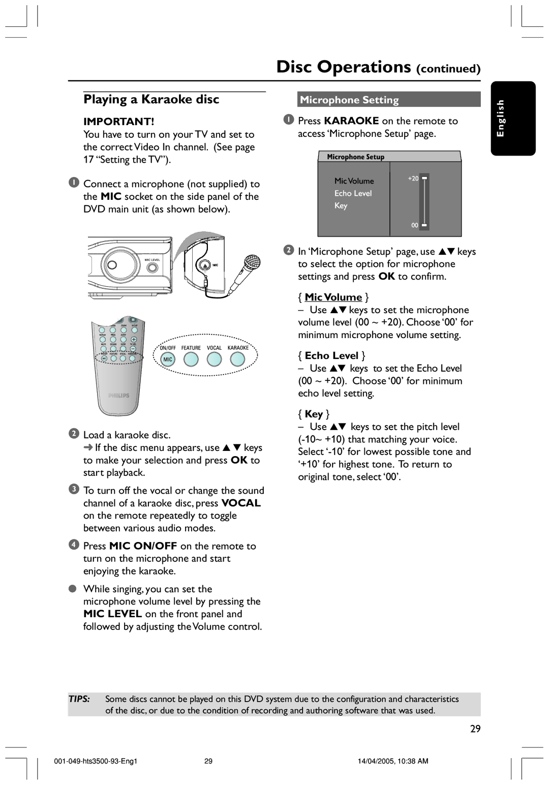 Philips HTS3500S/93 user manual Playing a Karaoke disc, Microphone Setting, Mic Volume, Echo Level, Key 