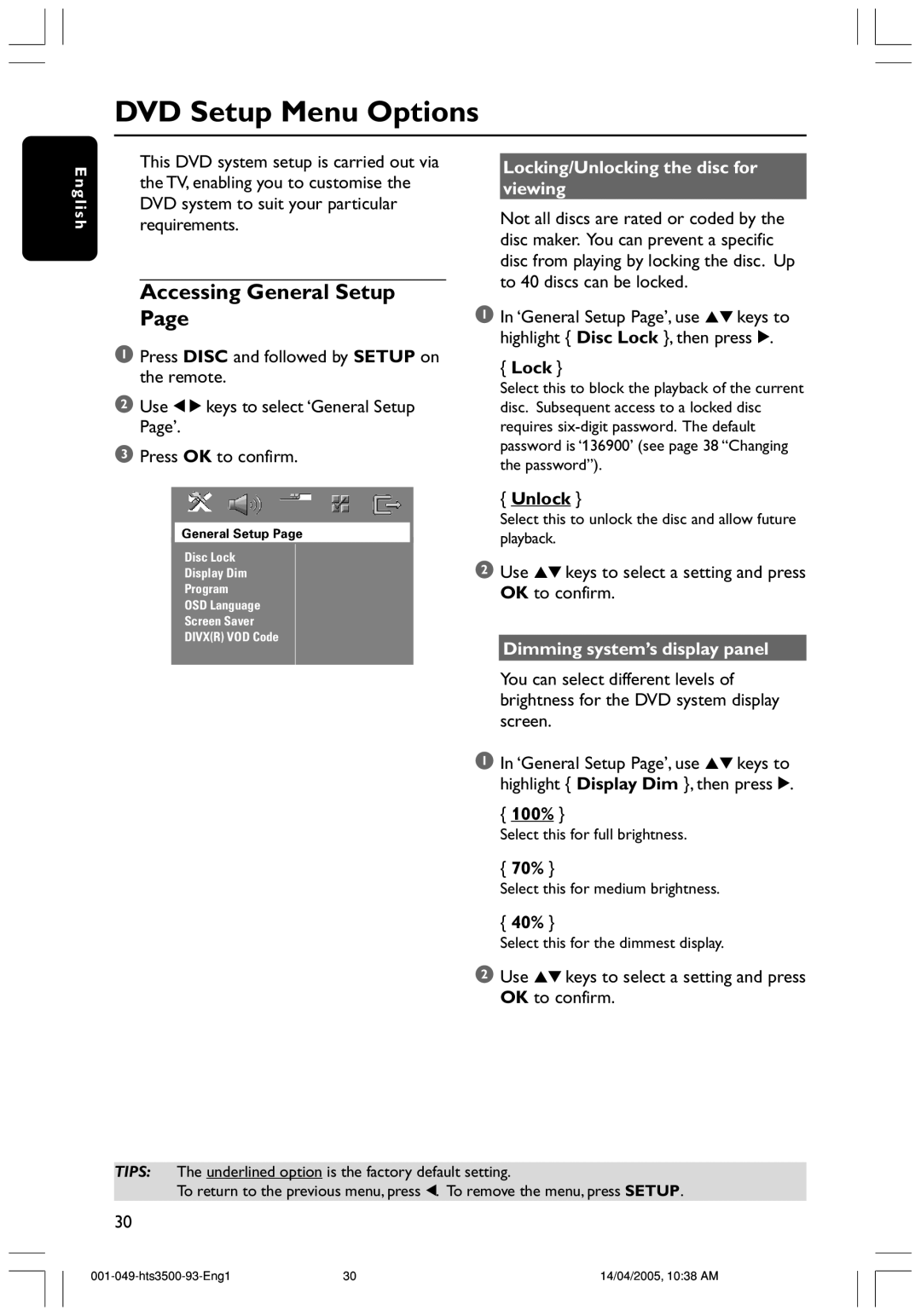 Philips HTS3500S/93 user manual DVD Setup Menu Options, Accessing General Setup, Locking/Unlocking the disc for viewing 