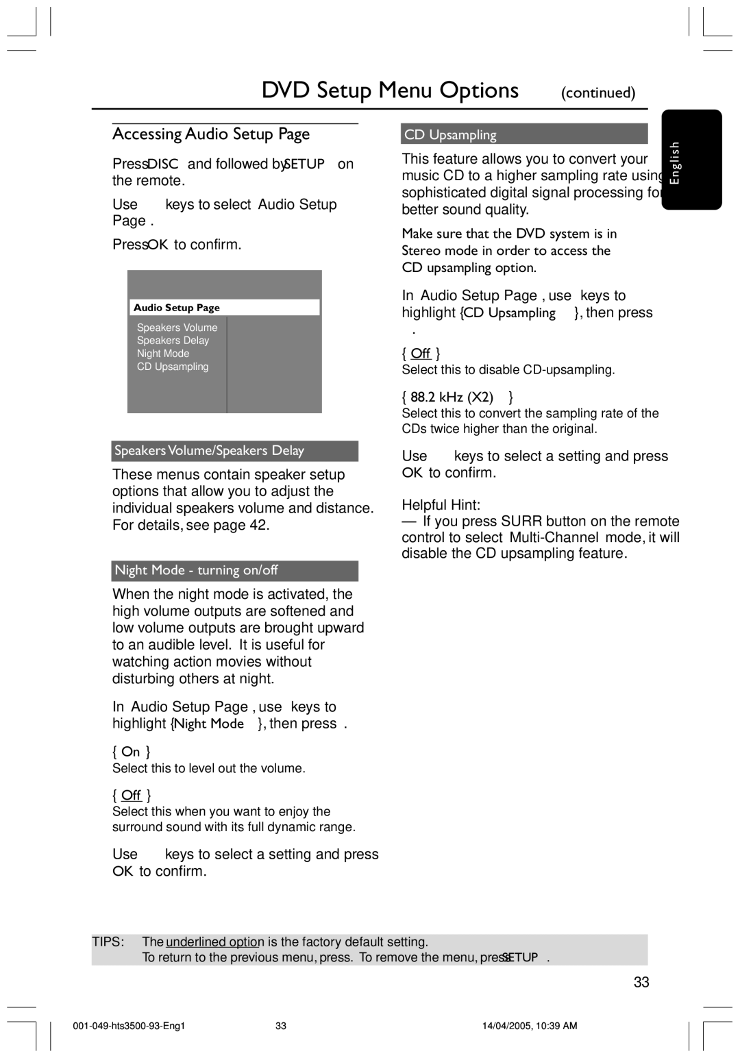 Philips HTS3500S/93 user manual Accessing Audio Setup, CD Upsampling, 88.2 kHz, Speakers Volume/Speakers Delay 