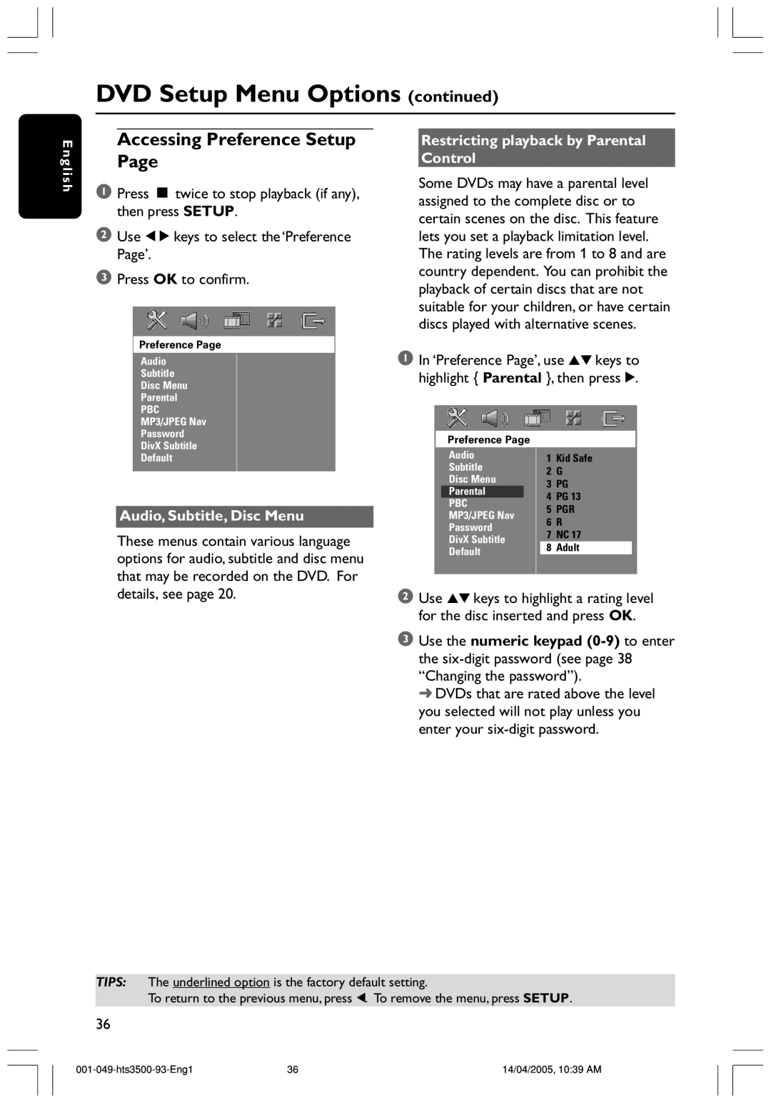 Philips HTS3500S/93 Accessing Preference Setup, Audio, Subtitle, Disc Menu, Restricting playback by Parental Control 