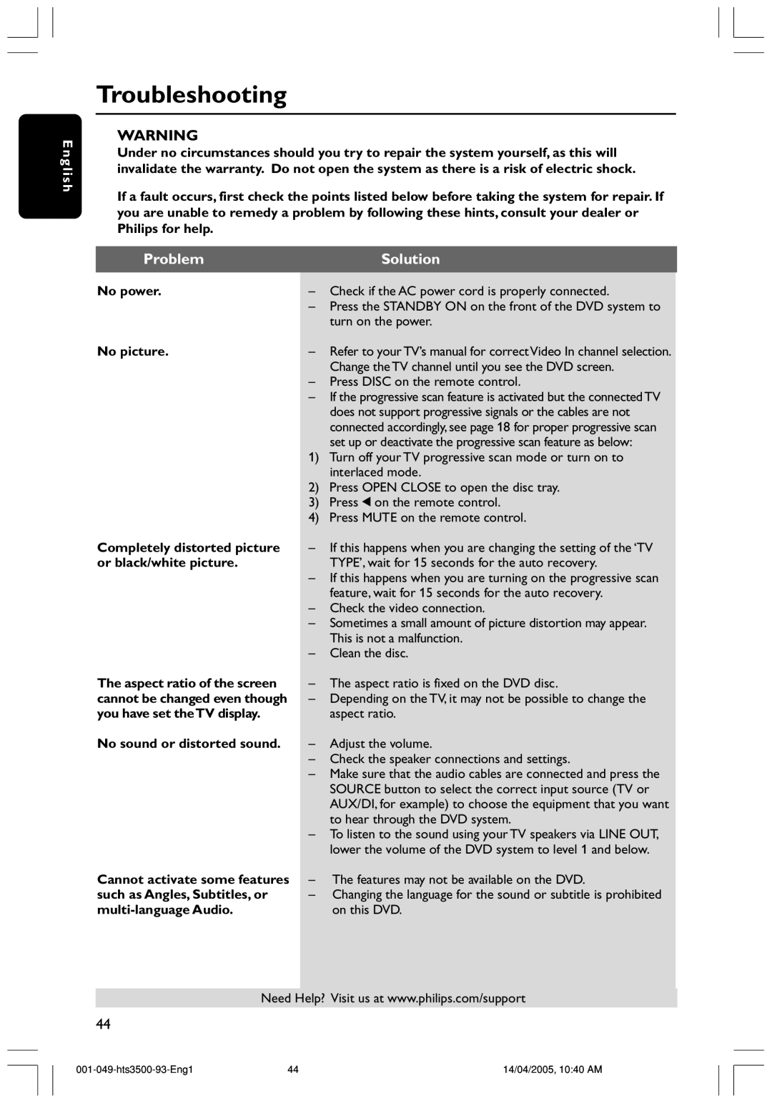 Philips HTS3500S/93 user manual Troubleshooting, Problem, Solution 