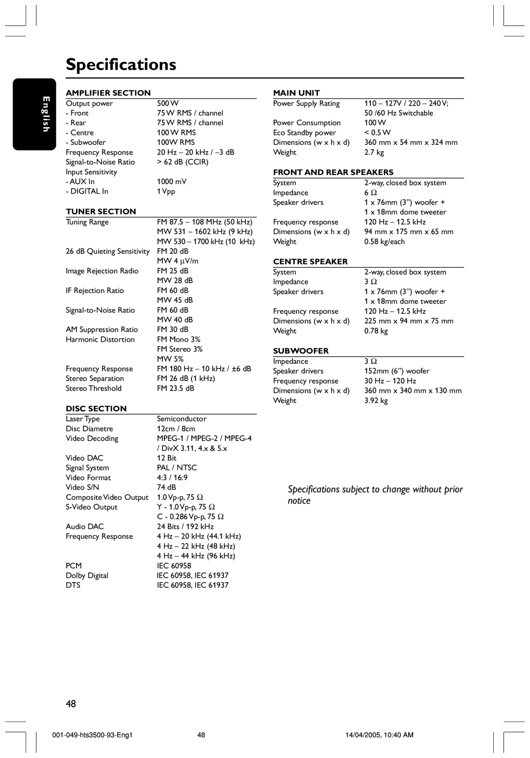 Philips HTS3500S/93 user manual Specifications, Amplifier Section 