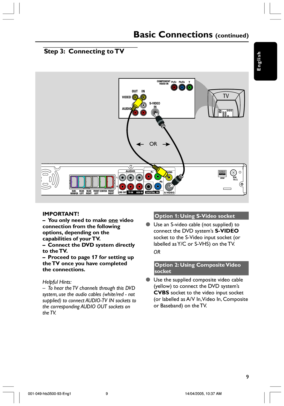 Philips HTS3500S/93 user manual Connecting to TV, Option 1 Using S-Video socket, Option 2 Using Composite Video socket 