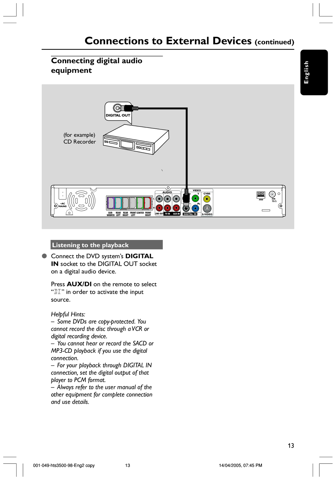 Philips HTS3500S/98 user manual Connecting digital audio equipment, Listening to the playback 