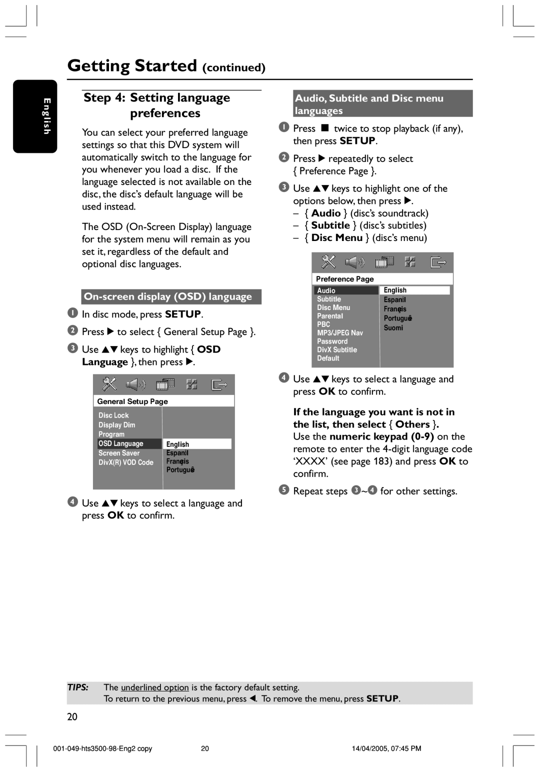 Philips HTS3500S/98 user manual On-screen display OSD language, Use 34keys to select a language and press OK to confirm 