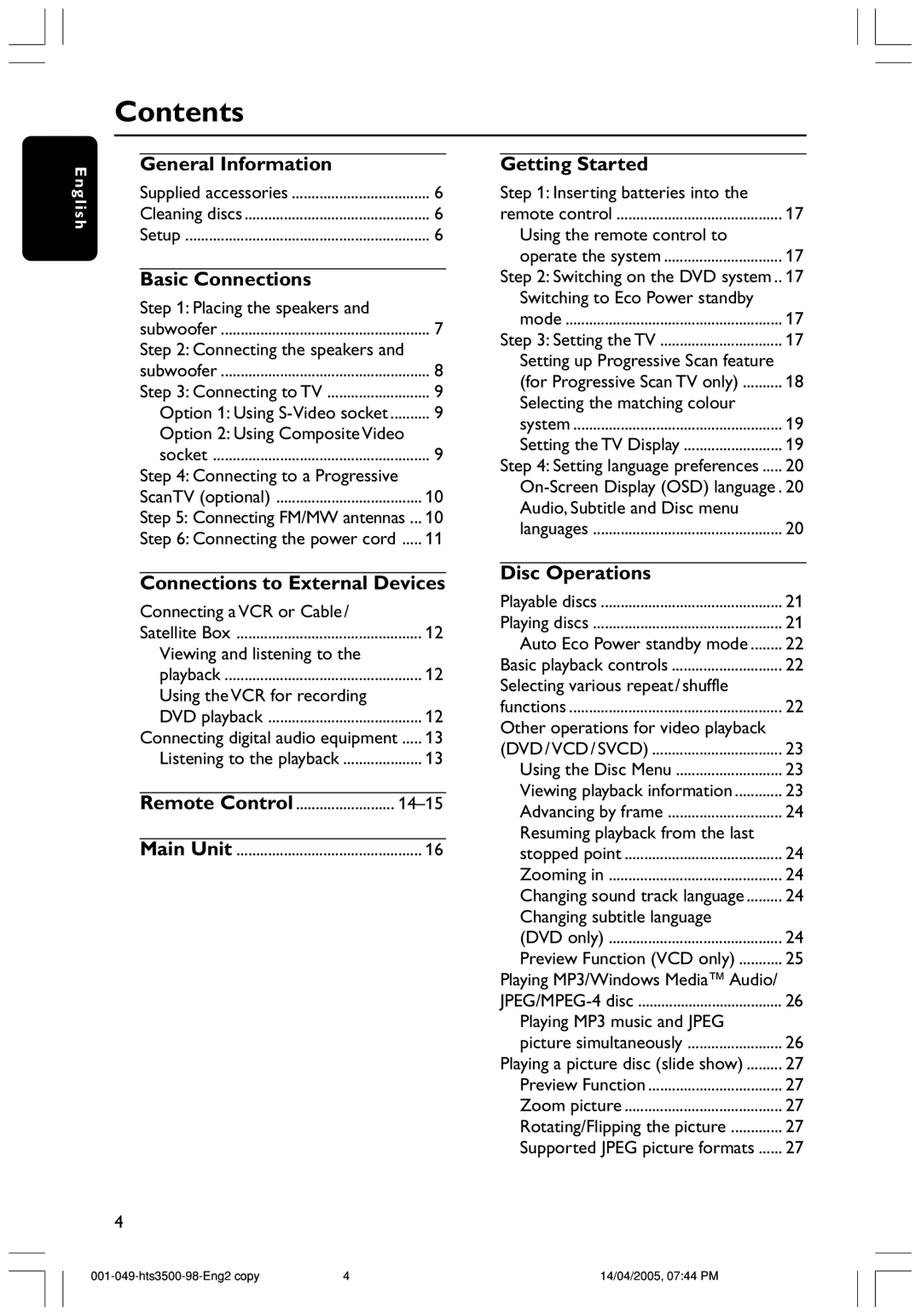 Philips HTS3500S/98 user manual Contents 