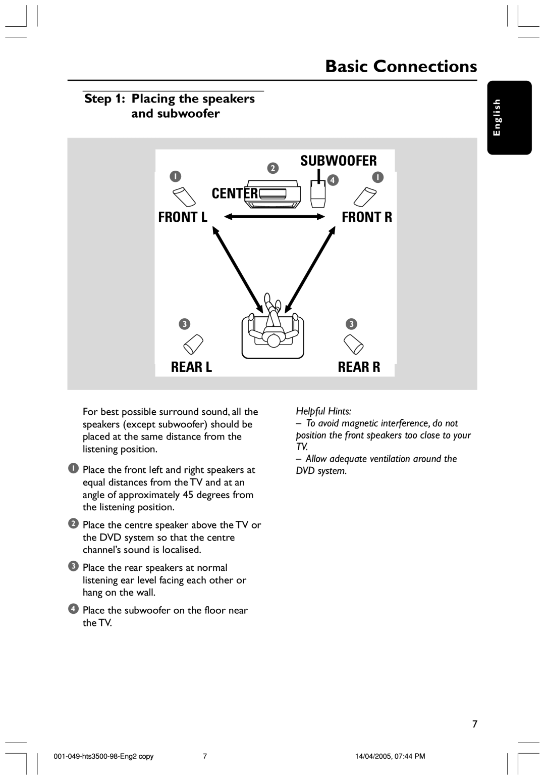 Philips HTS3500S/98 user manual Basic Connections, Rear R 