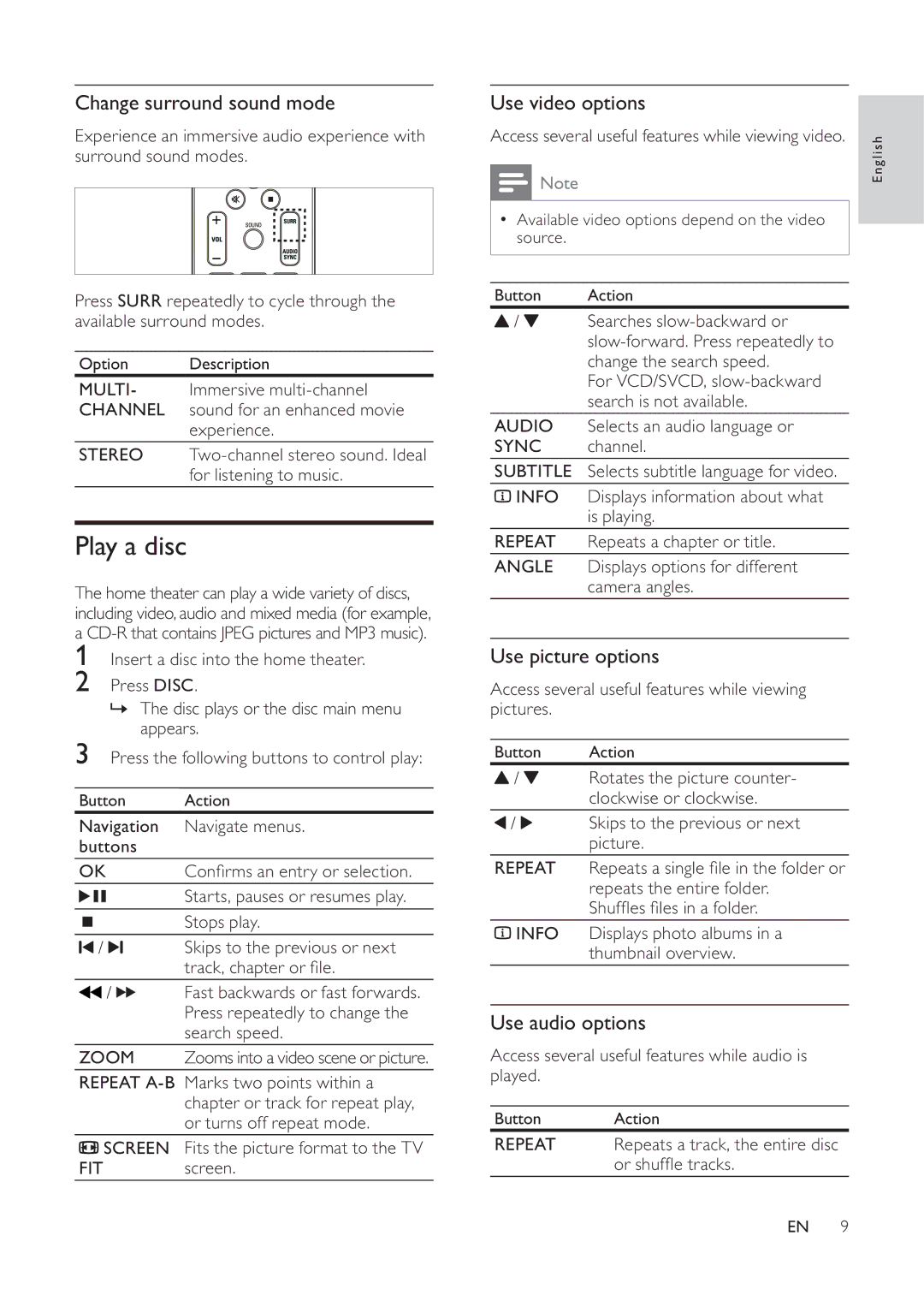 Philips HTS3520 manual Play a disc, Change surround sound mode, Use video options, Use picture options, Use audio options 