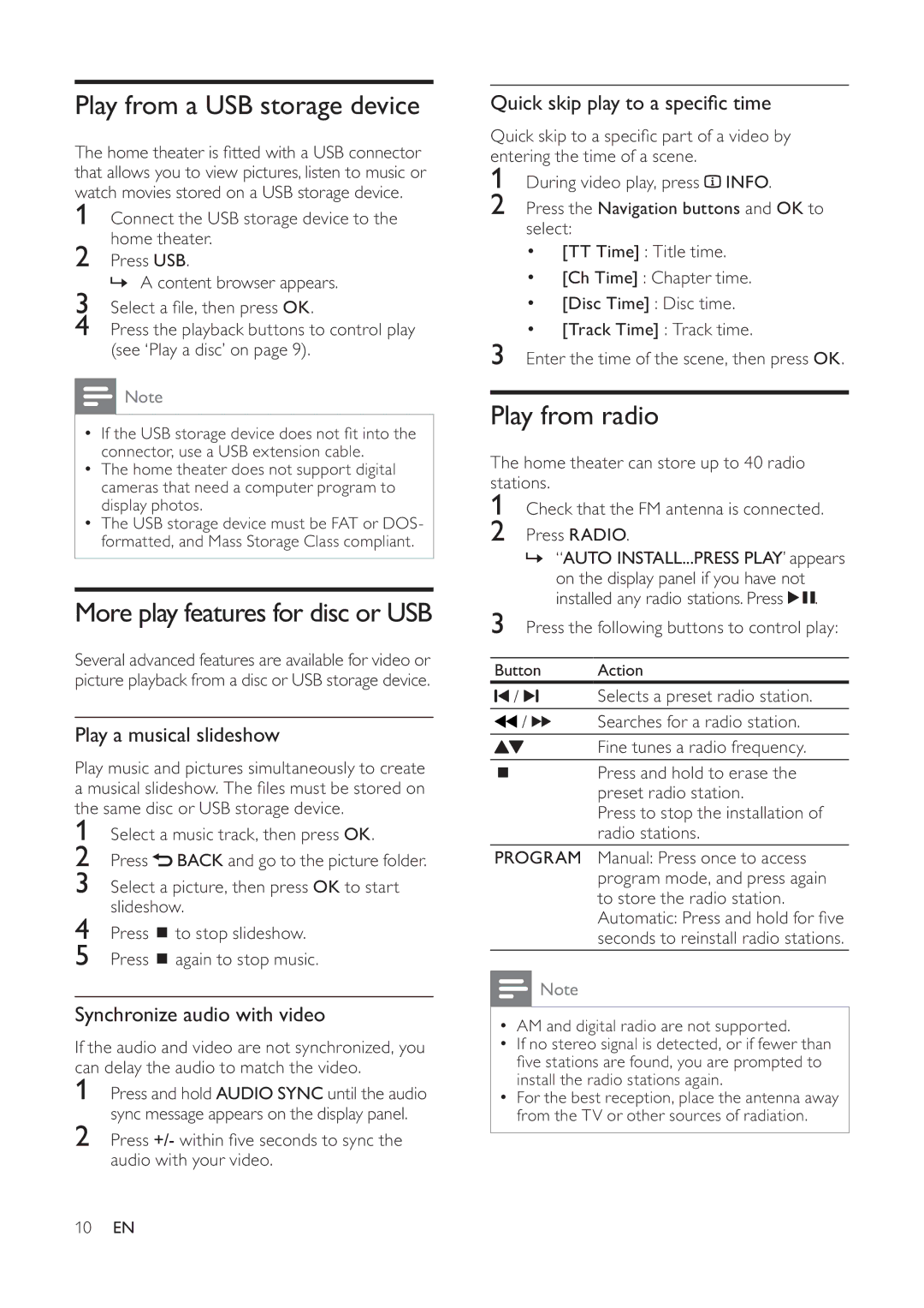 Philips HTS3510 Play from a USB storage device, Play from radio, Play a musical slideshow, Synchronize audio with video 