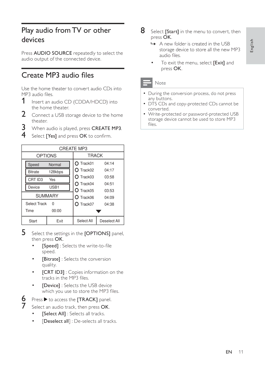 Philips HTS3520, HTS3510 manual Play audio fromTV or other devices, Create MP3 audio les 