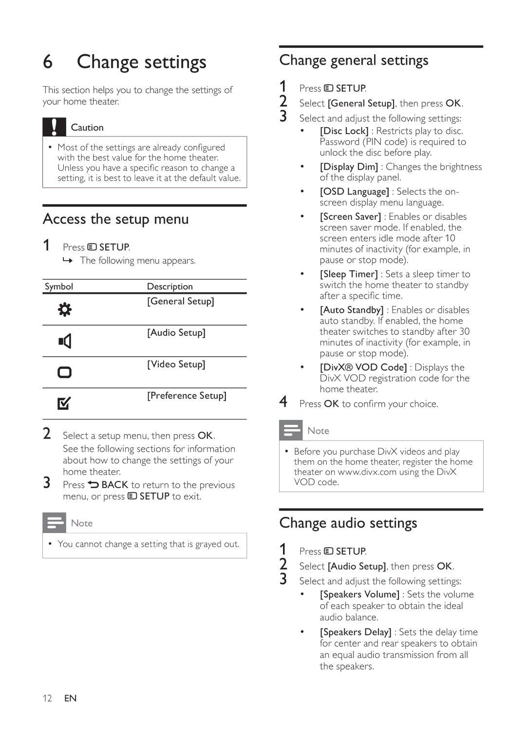 Philips HTS3510, HTS3520 manual Change settings, Access the setup menu, Change general settings, Change audio settings 