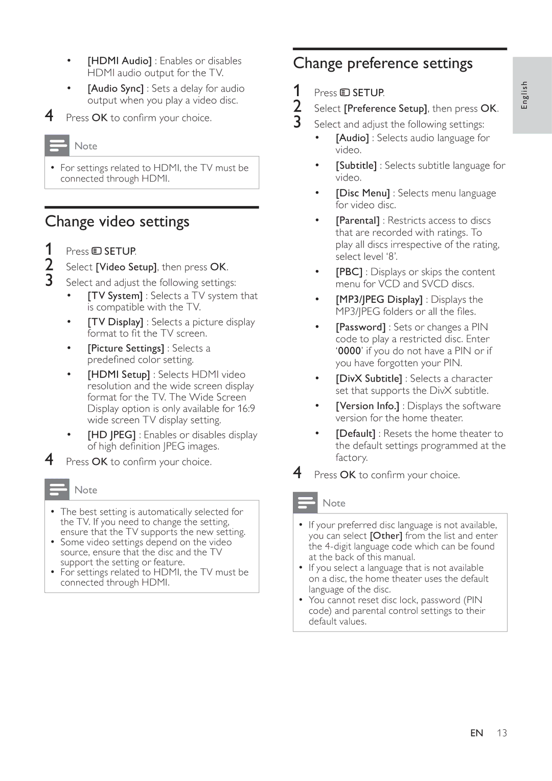 Philips HTS3520, HTS3510 manual Change video settings, Change preference settings 