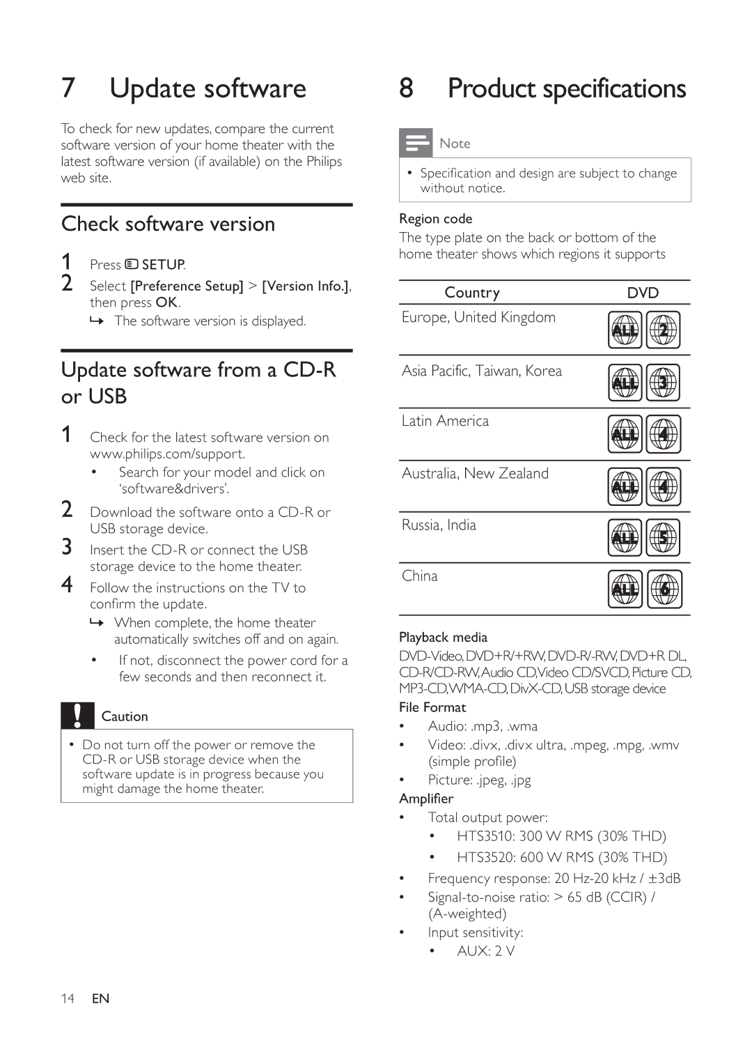 Philips HTS3510, HTS3520 manual Product specifications, Check software version, Update software from a CD-R or USB 