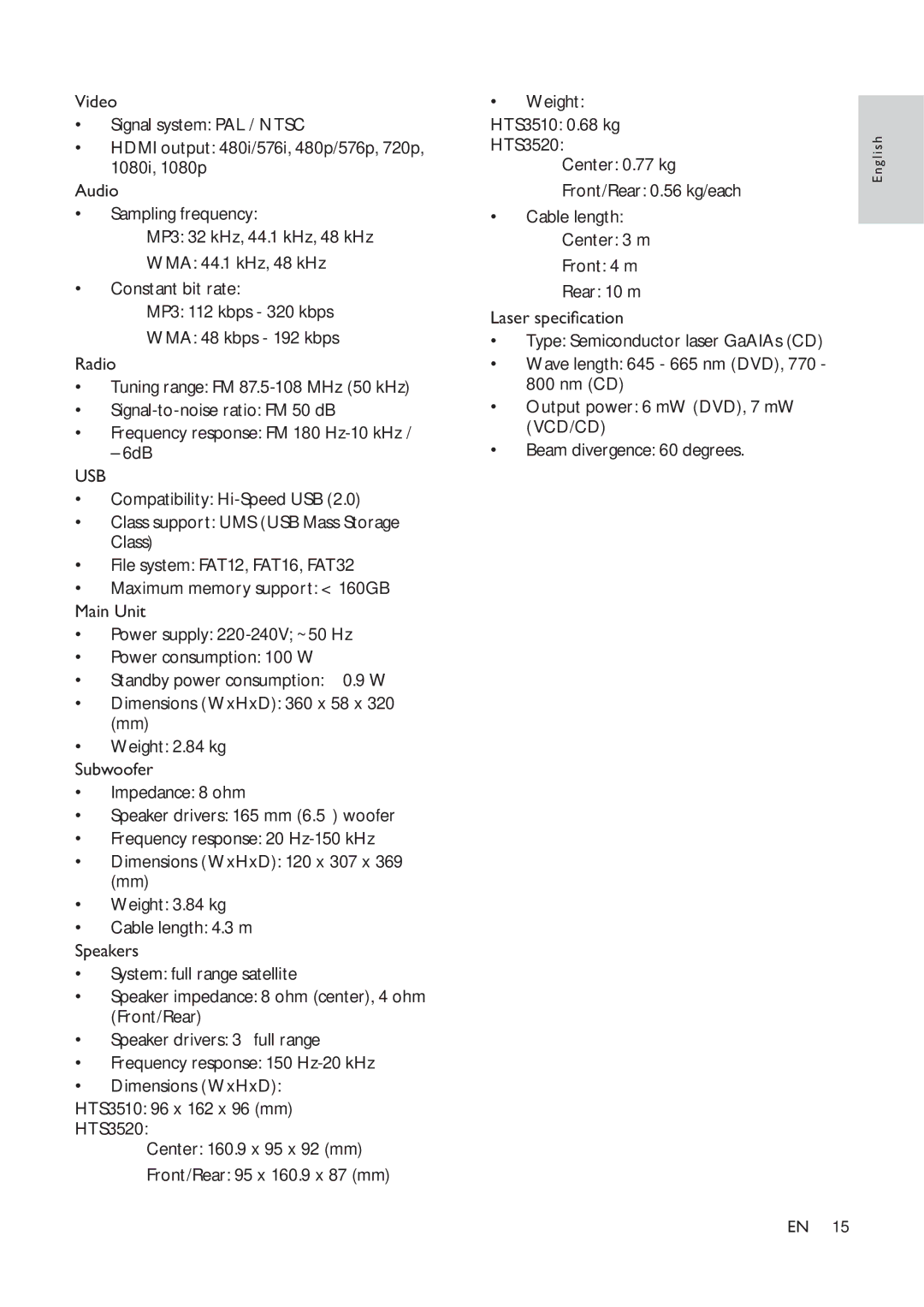 Philips HTS3520, HTS3510 manual Usb 