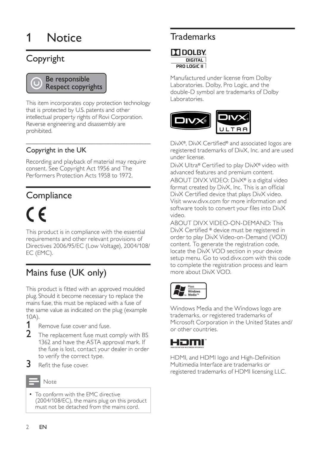 Philips HTS3510, HTS3520 manual Compliance, Mains fuse UK only, Trademarks, Copyright in the UK 