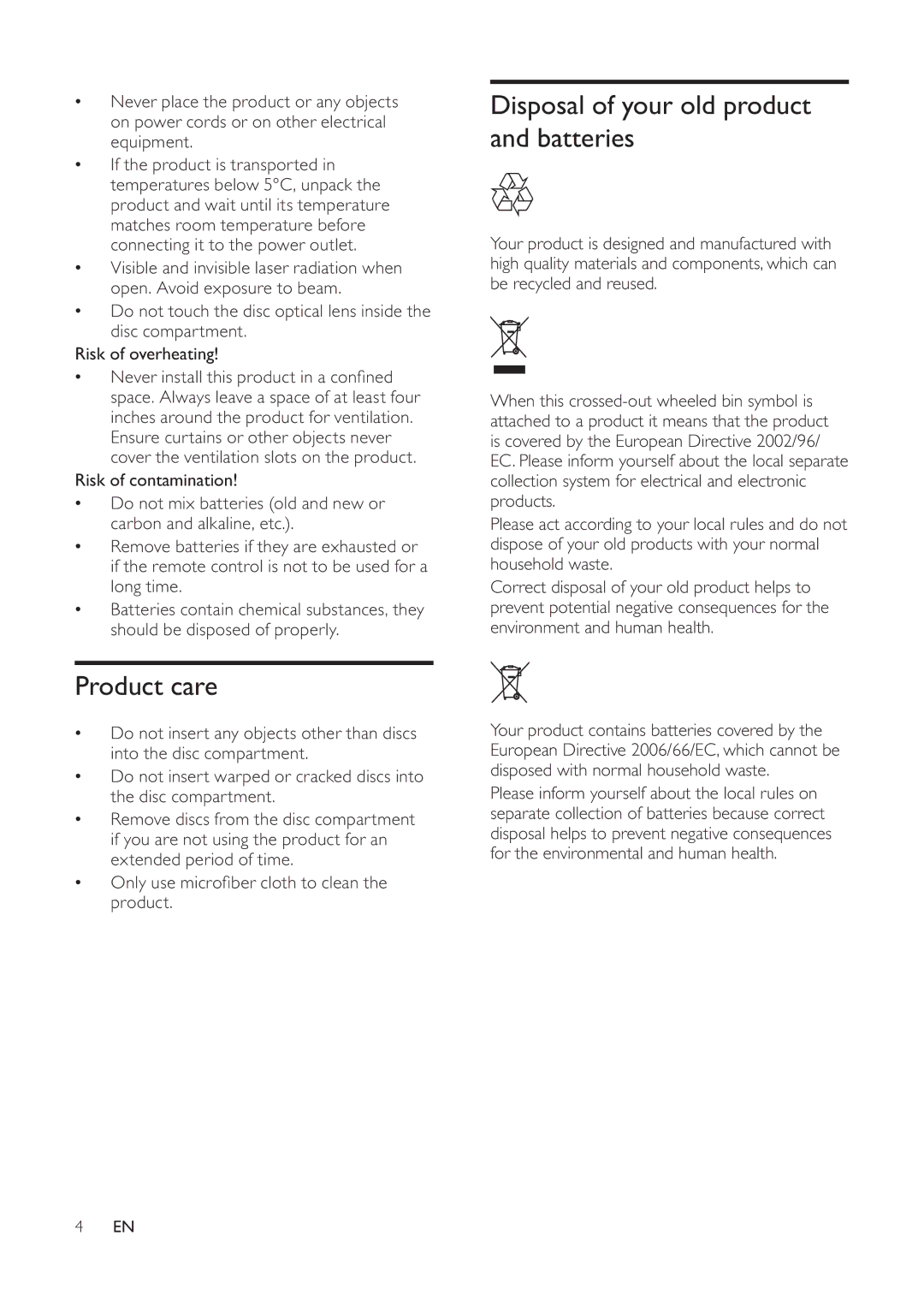 Philips HTS3510, HTS3520 manual Disposal of your old product and batteries, Product care 