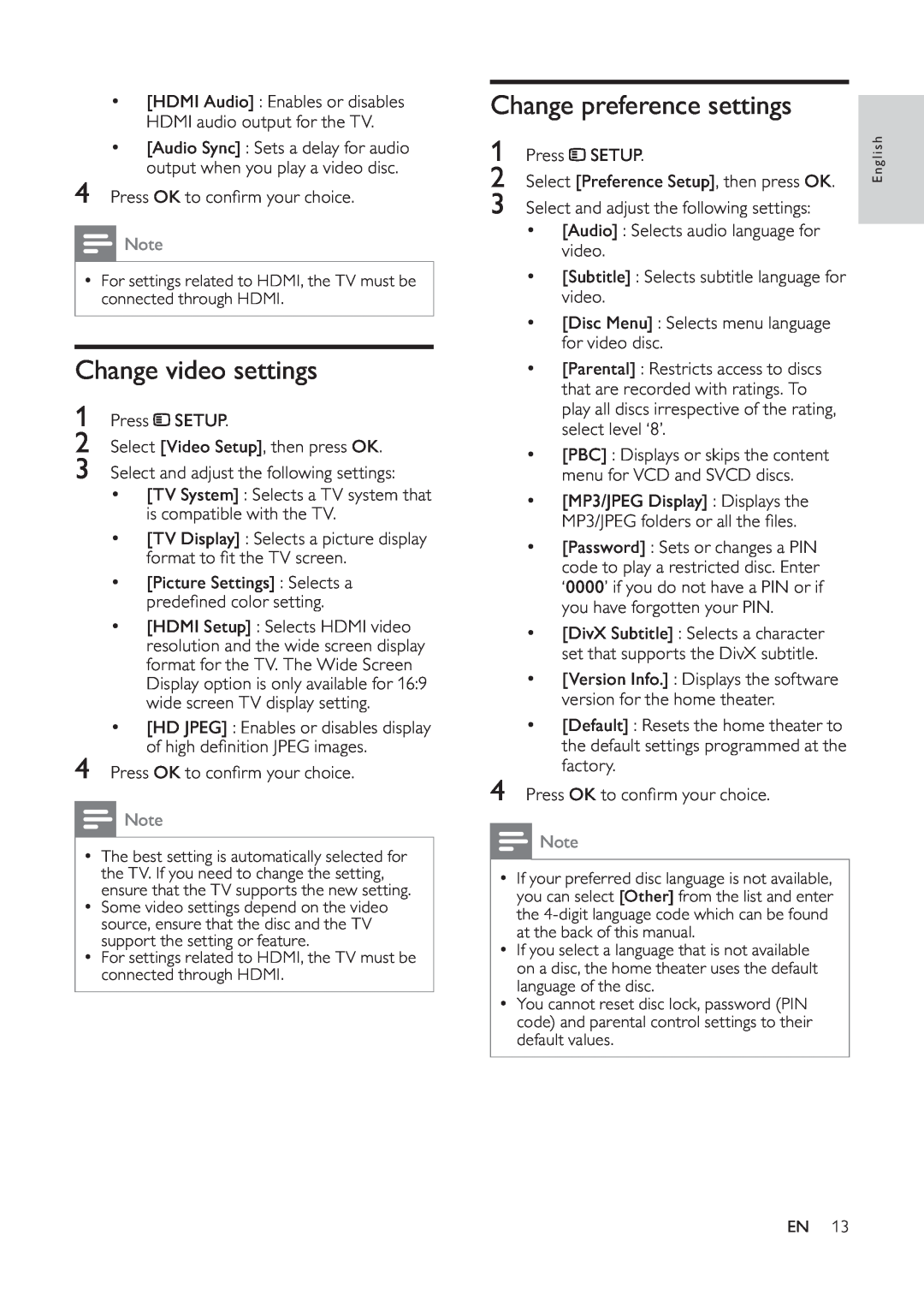 Philips HTS3520, HTS3510 manual Change video settings, Change preference settings 