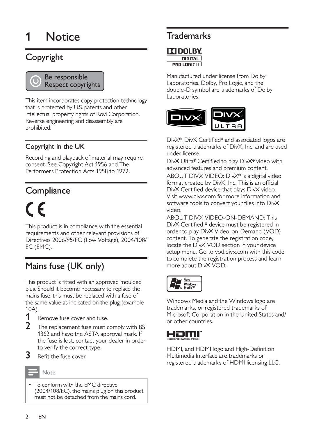 Philips HTS3510, HTS3520 manual 1Notice, Compliance, Mains fuse UK only, Trademarks, Copyright in the UK 