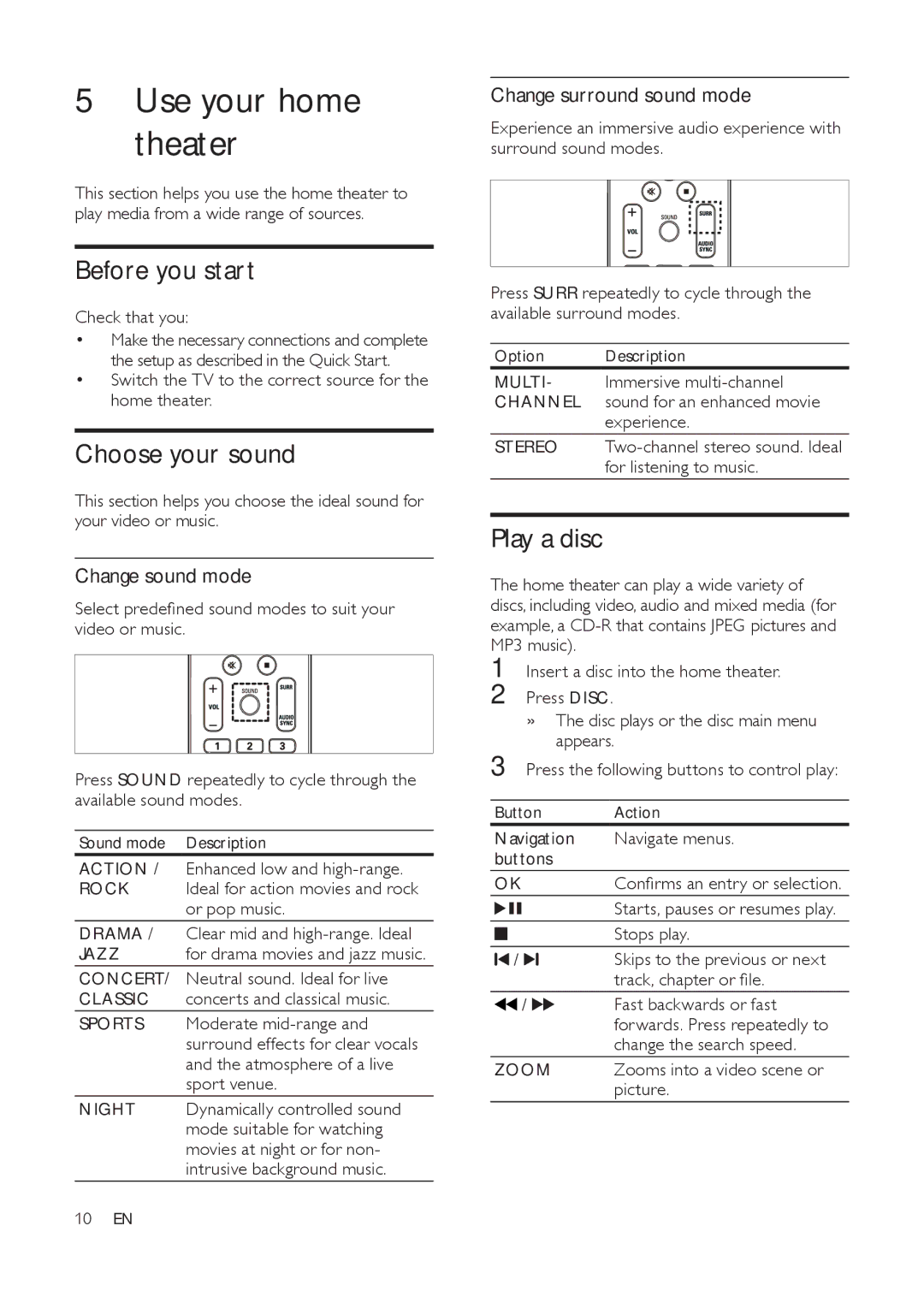 Philips HTS3511E Use your home theater, Before you start, Choose your sound, Change sound mode, Change surround sound mode 