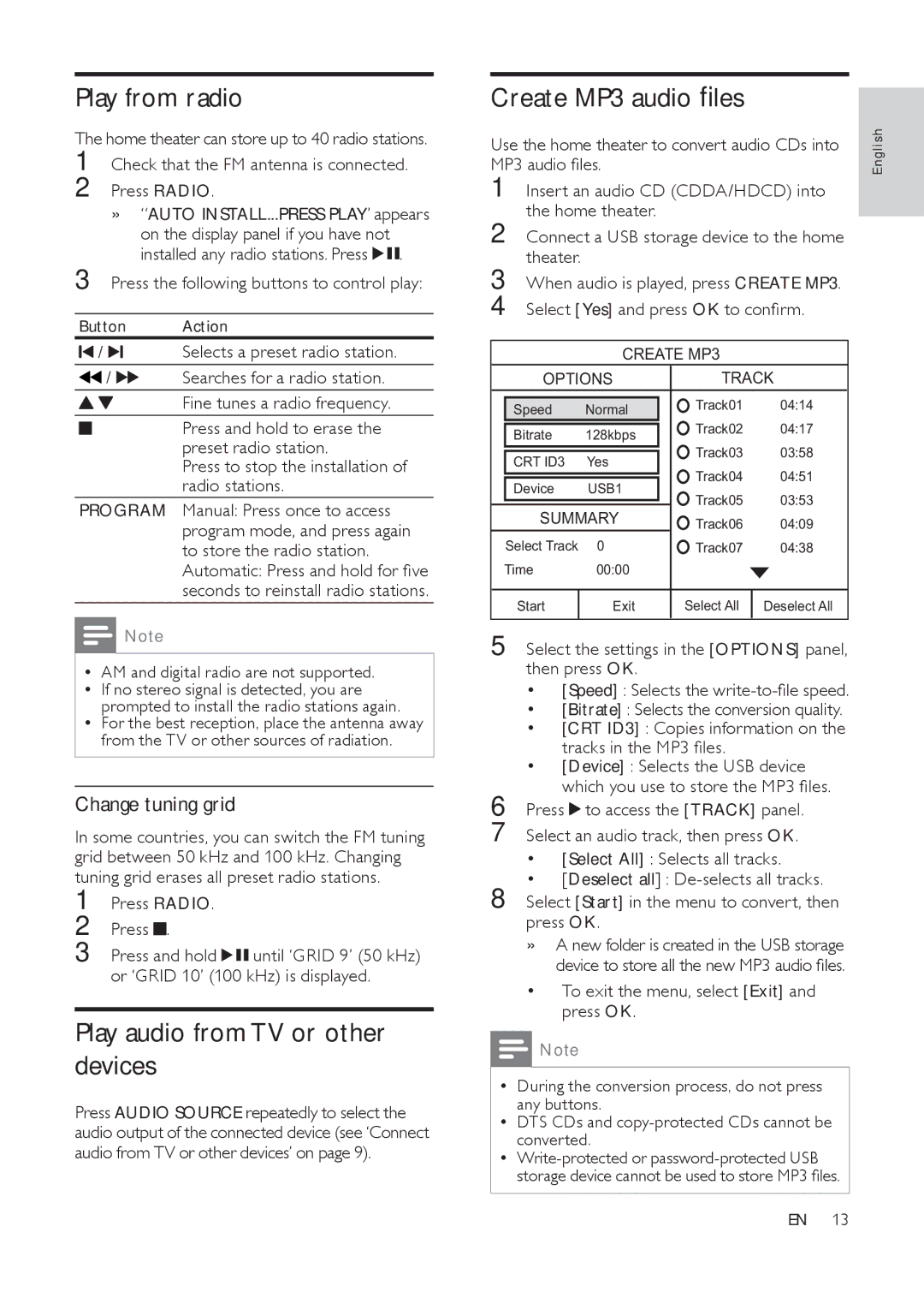 Philips HTS3511E Play from radio, Play audio from TV or other devices, Create MP3 audio ﬁles, Change tuning grid, Program 