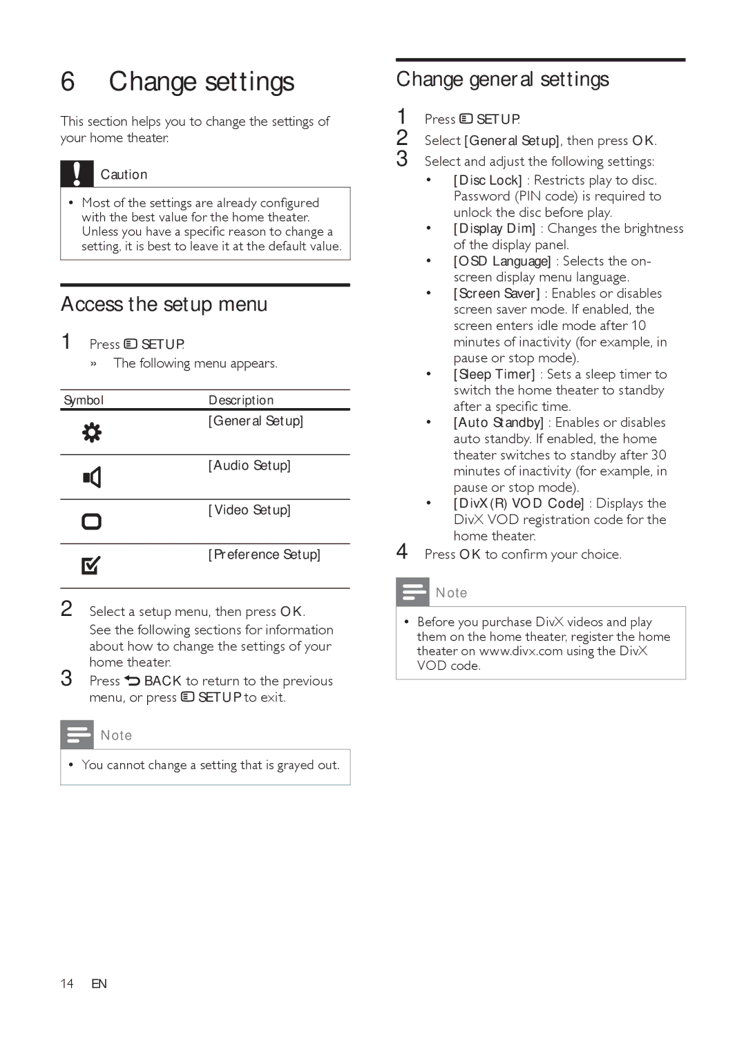 Philips HTS3511E user manual Change settings, Access the setup menu, Change general settings 