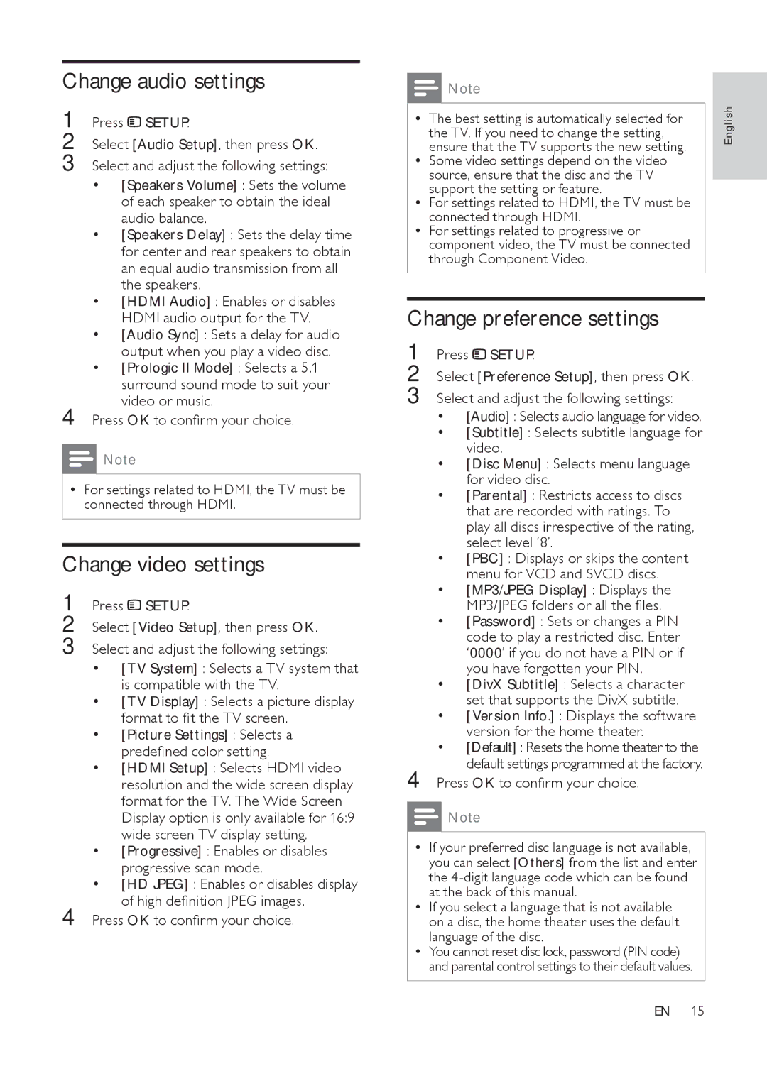 Philips HTS3511E user manual Change audio settings, Change video settings, Change preference settings 