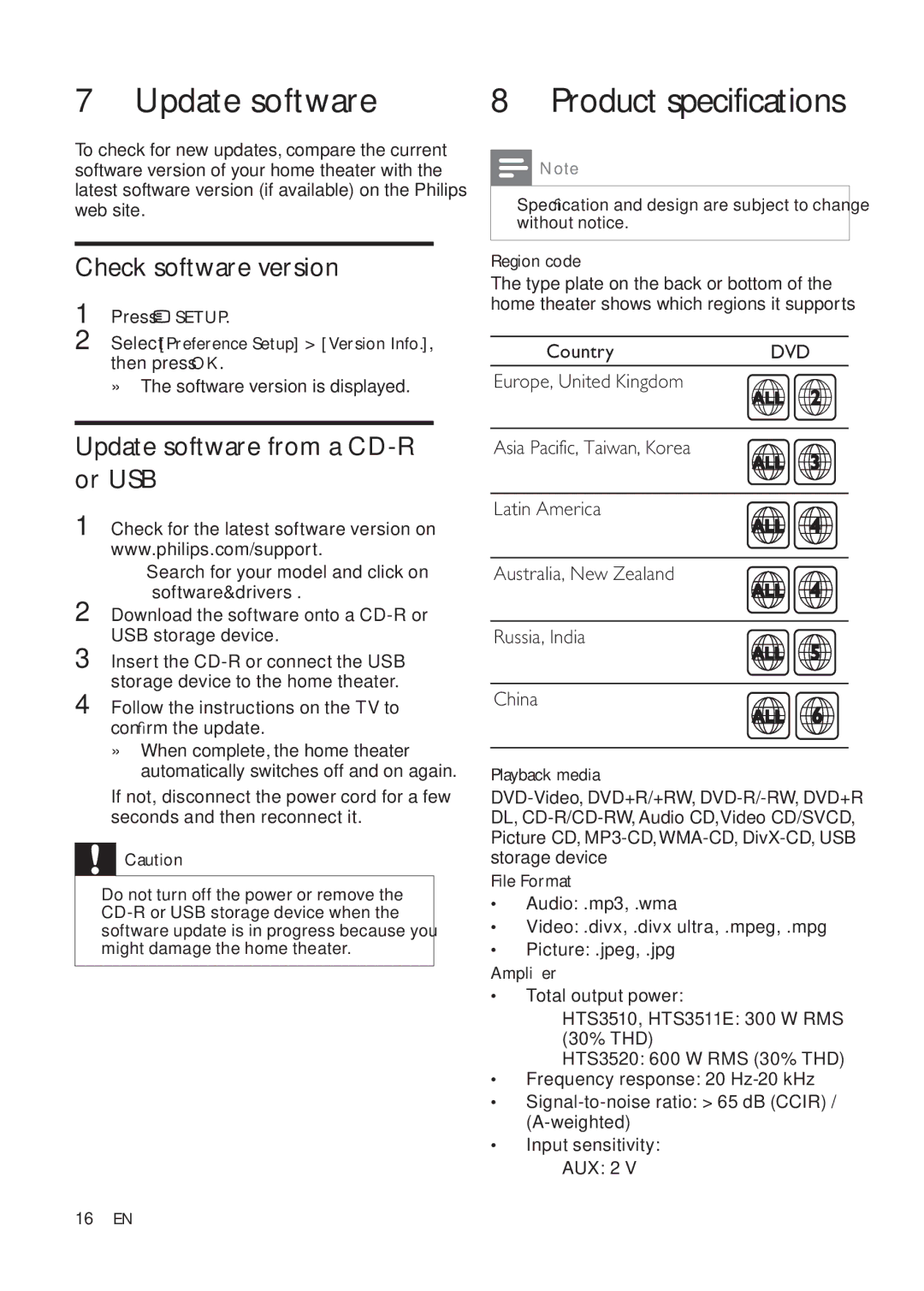 Philips HTS3511E user manual Product specifications, Check software version, Update software from a CD-R or USB 