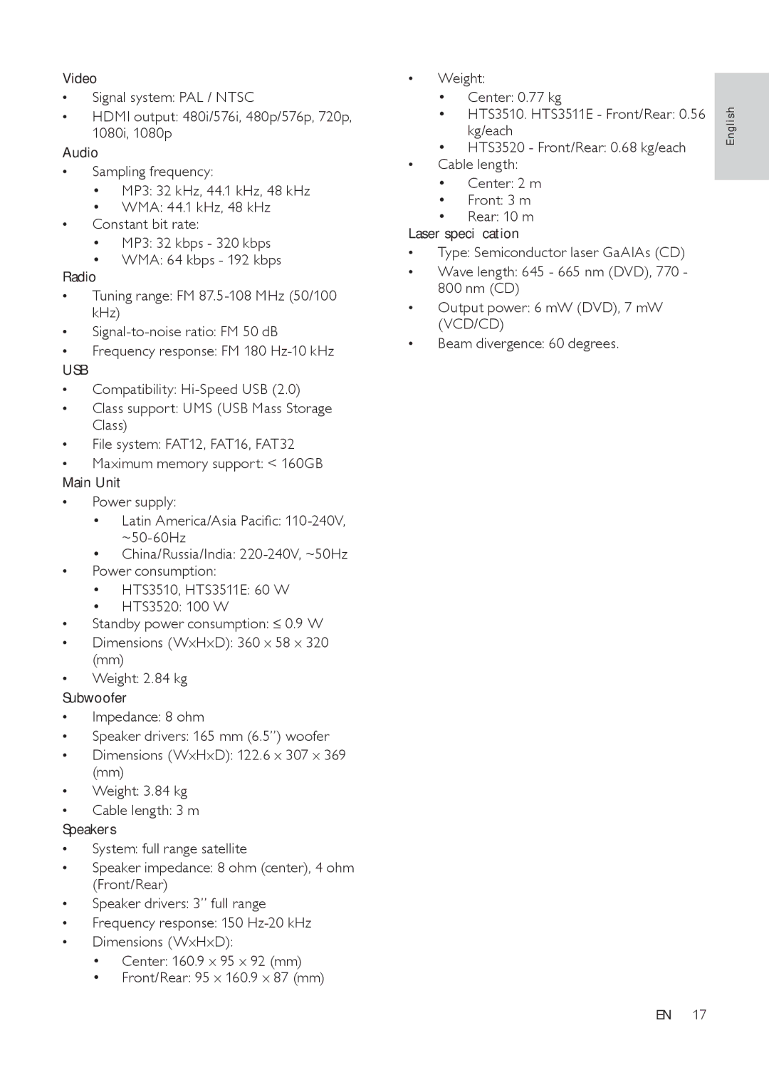 Philips HTS3511E user manual Usb 