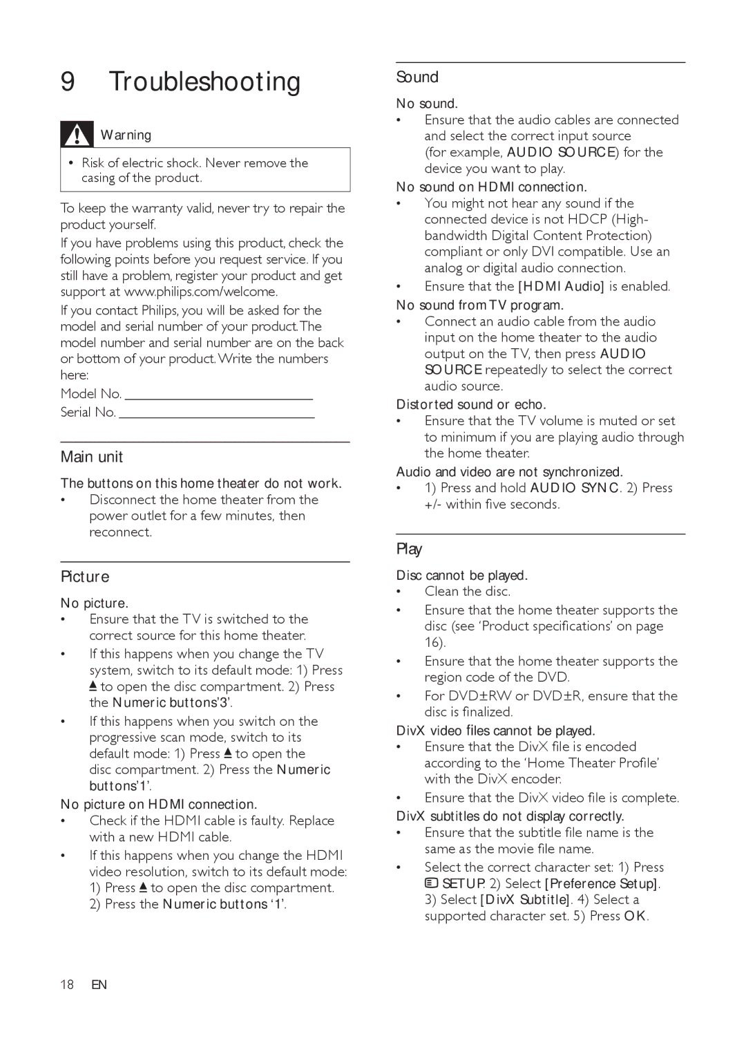 Philips HTS3511E user manual Troubleshooting, Main unit, Picture, Sound, Play 