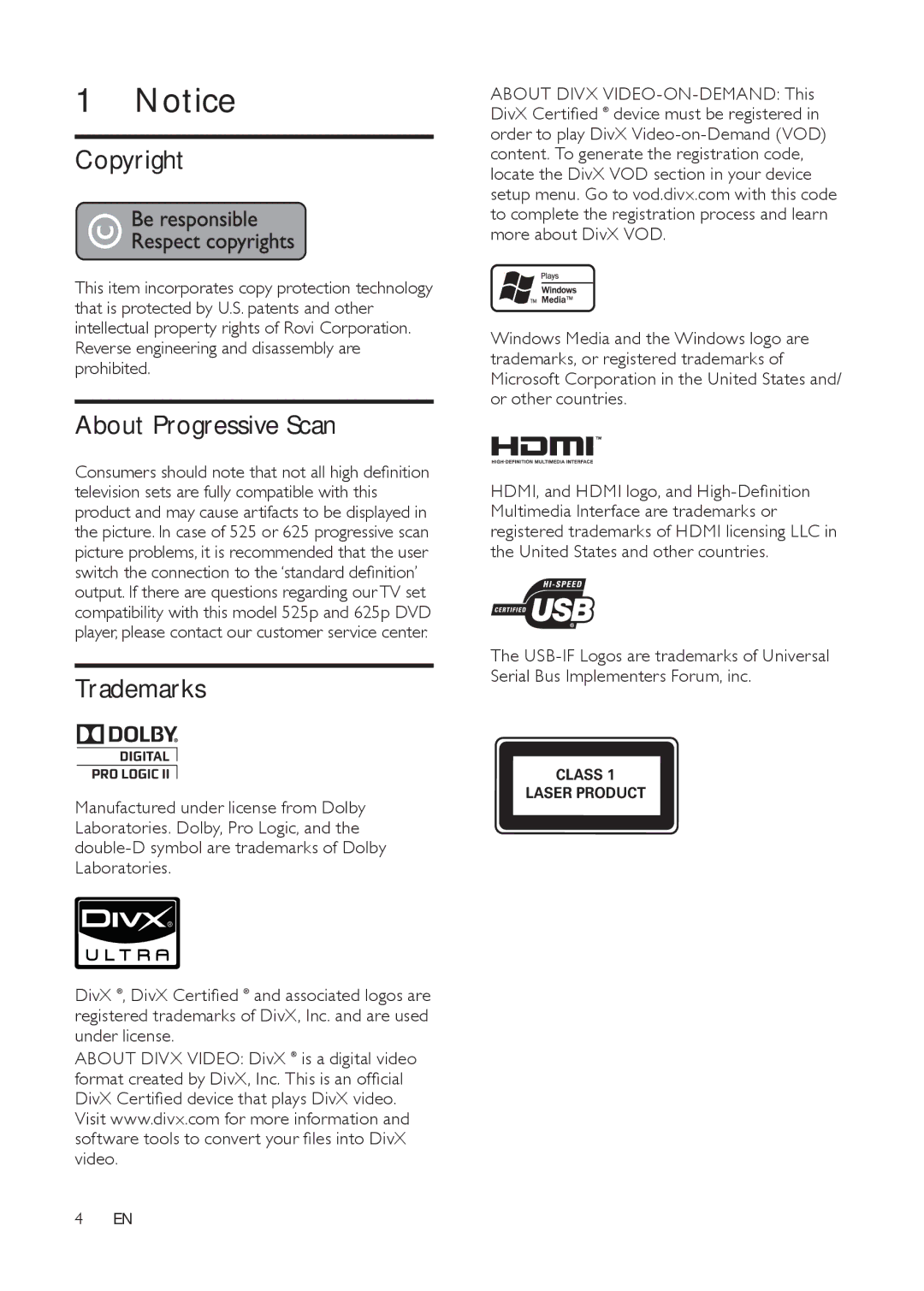 Philips HTS3511E user manual Copyright, About Progressive Scan, Trademarks 