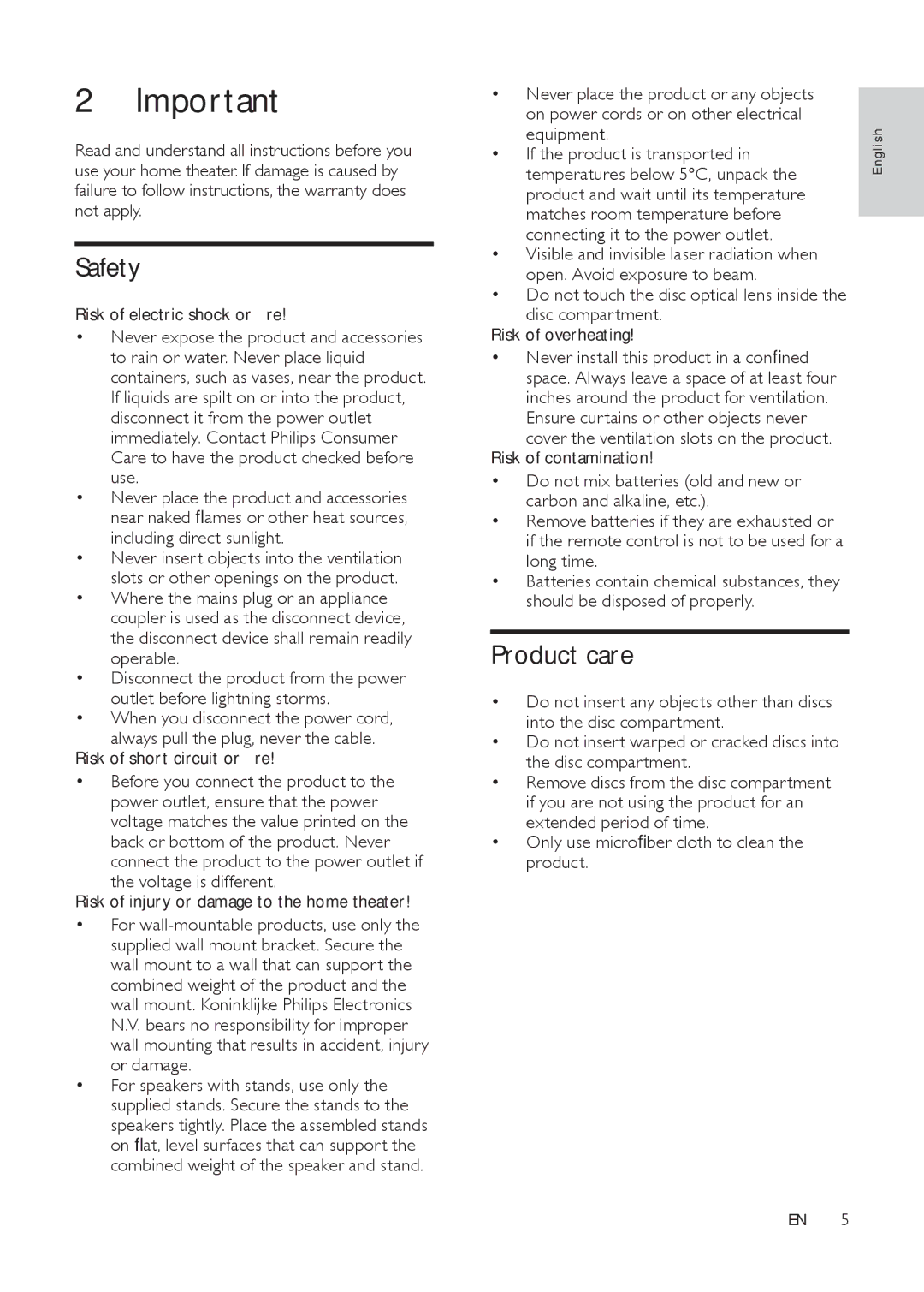 Philips HTS3511E user manual Safety, Product care 