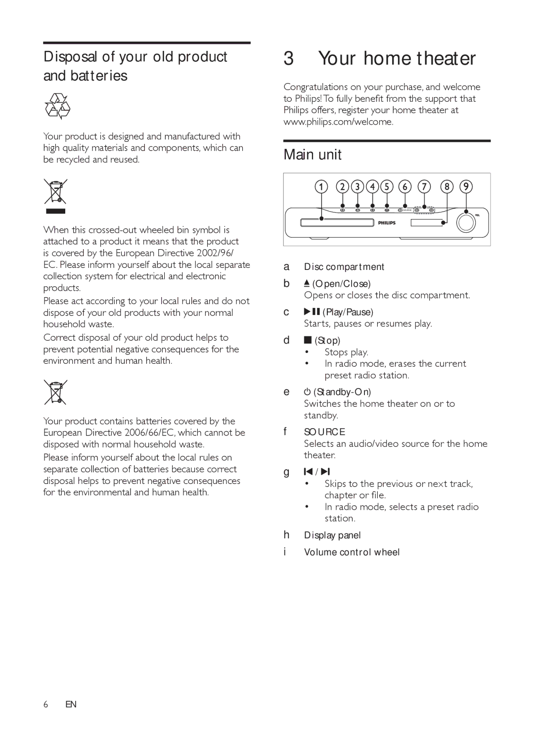 Philips HTS3511E user manual Your home theater, Disposal of your old product and batteries, Main unit 