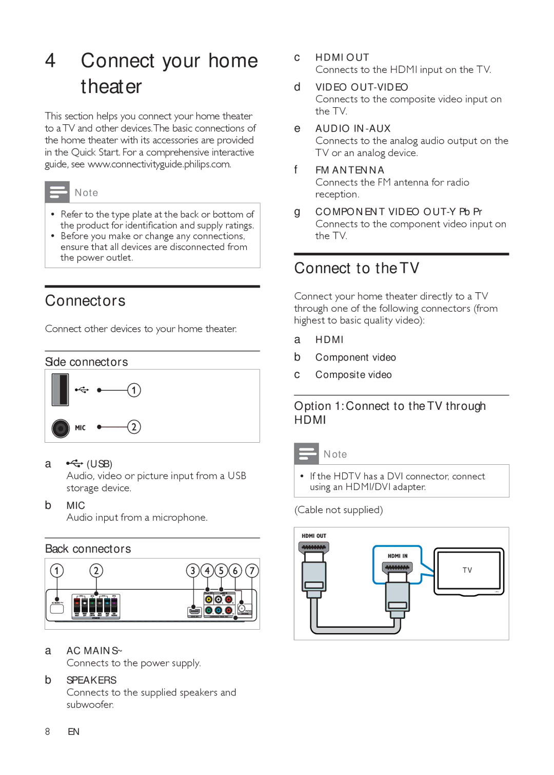 Philips HTS3511E user manual Connect your home theater, Connectors, Connect to the TV 