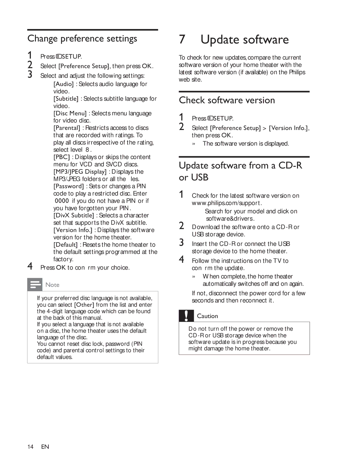 Philips HTS3530 user manual Change preference settings, Check software version, Update software from a CD-R or USB 