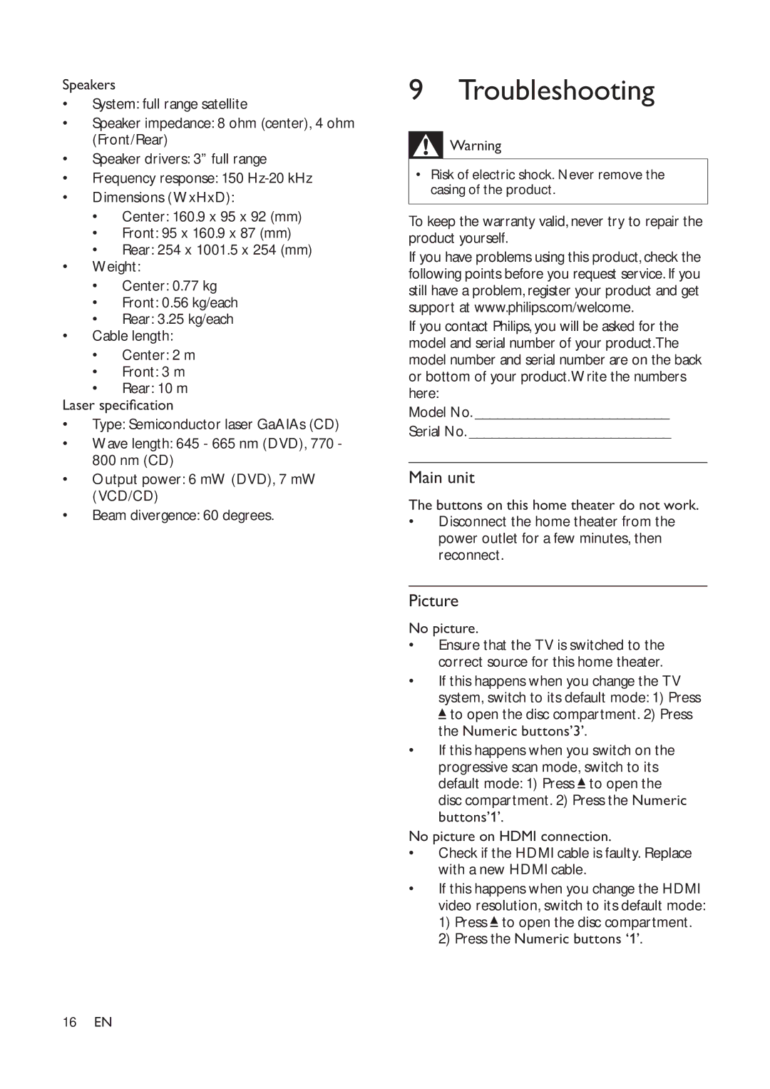 Philips HTS3530 user manual Troubleshooting, Main unit, Picture 