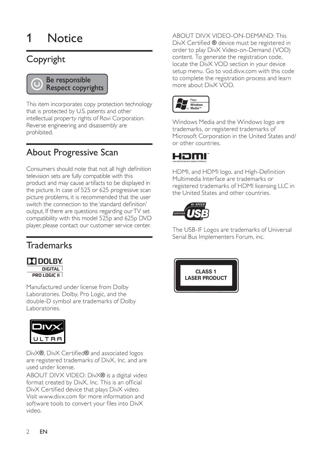 Philips HTS3530 user manual Copyright, About Progressive Scan, Trademarks 