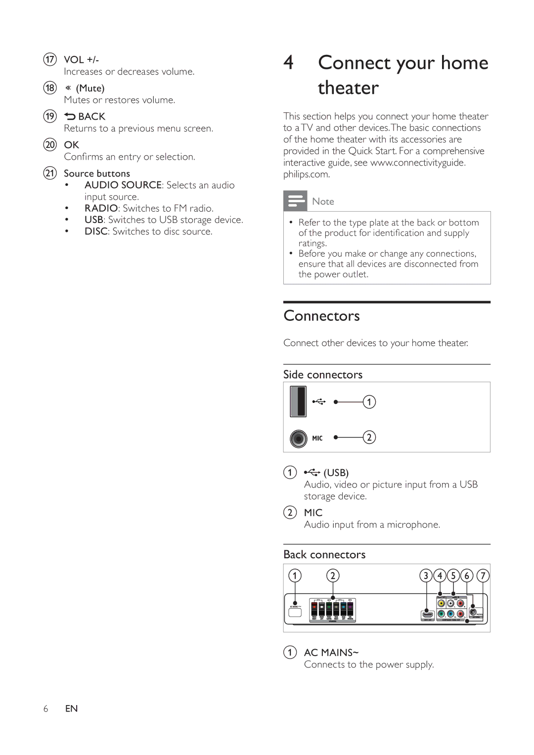 Philips HTS3530 user manual Connect your home theater, Connectors, Side connectors, Back connectors 