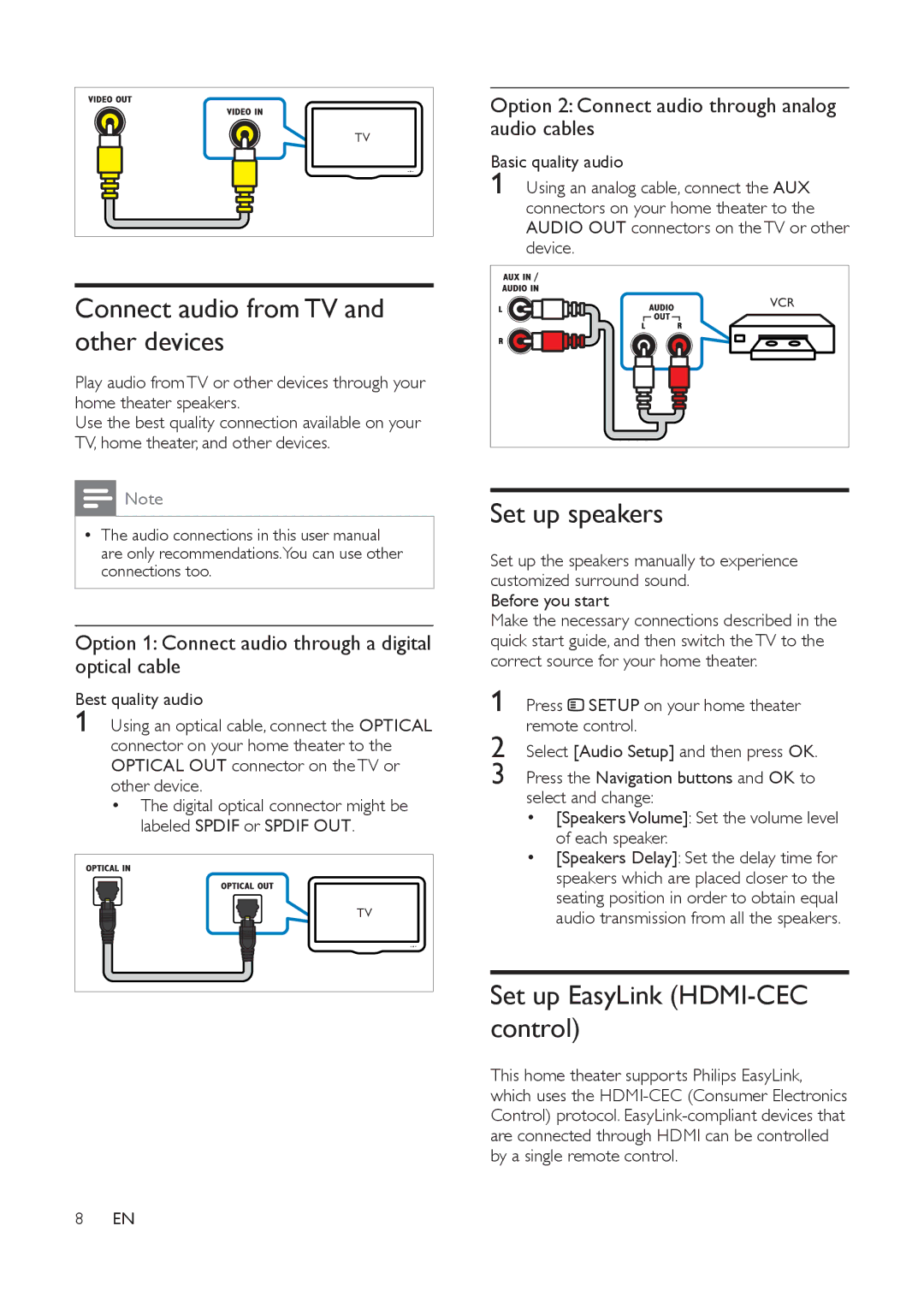 Philips HTS3532 warranty Connect audio from TV and other devices, Set up speakers, Set up EasyLink HDMI-CEC control 