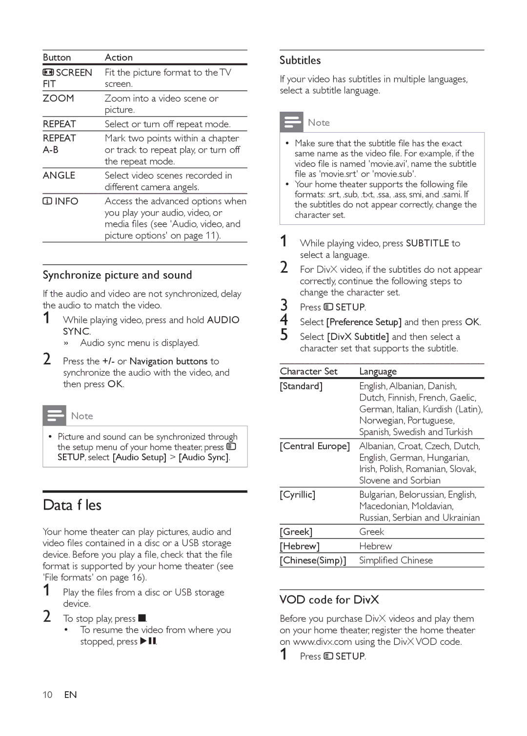 Philips HTS3532 warranty Data f les, Synchronize picture and sound, Subtitles, VOD code for DivX 