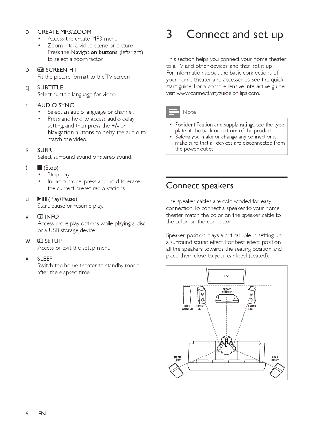 Philips HTS3532 warranty Connect and set up, Connect speakers 