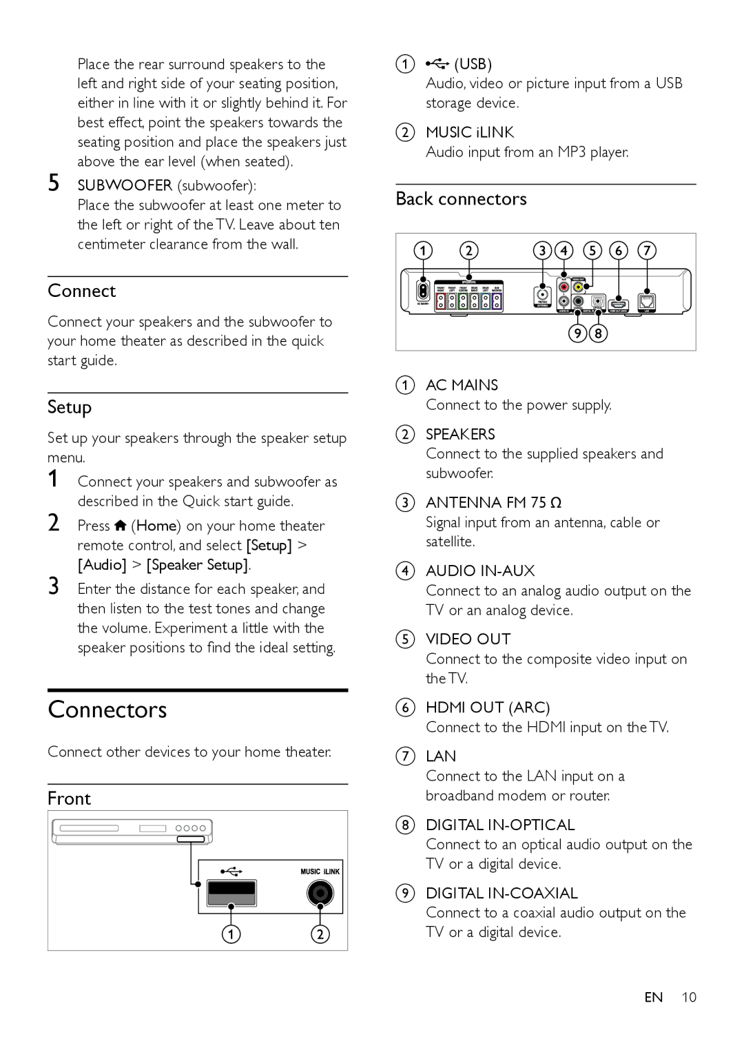 Philips HTS3541 user manual Connectors, Setup, Front, Back connectors 