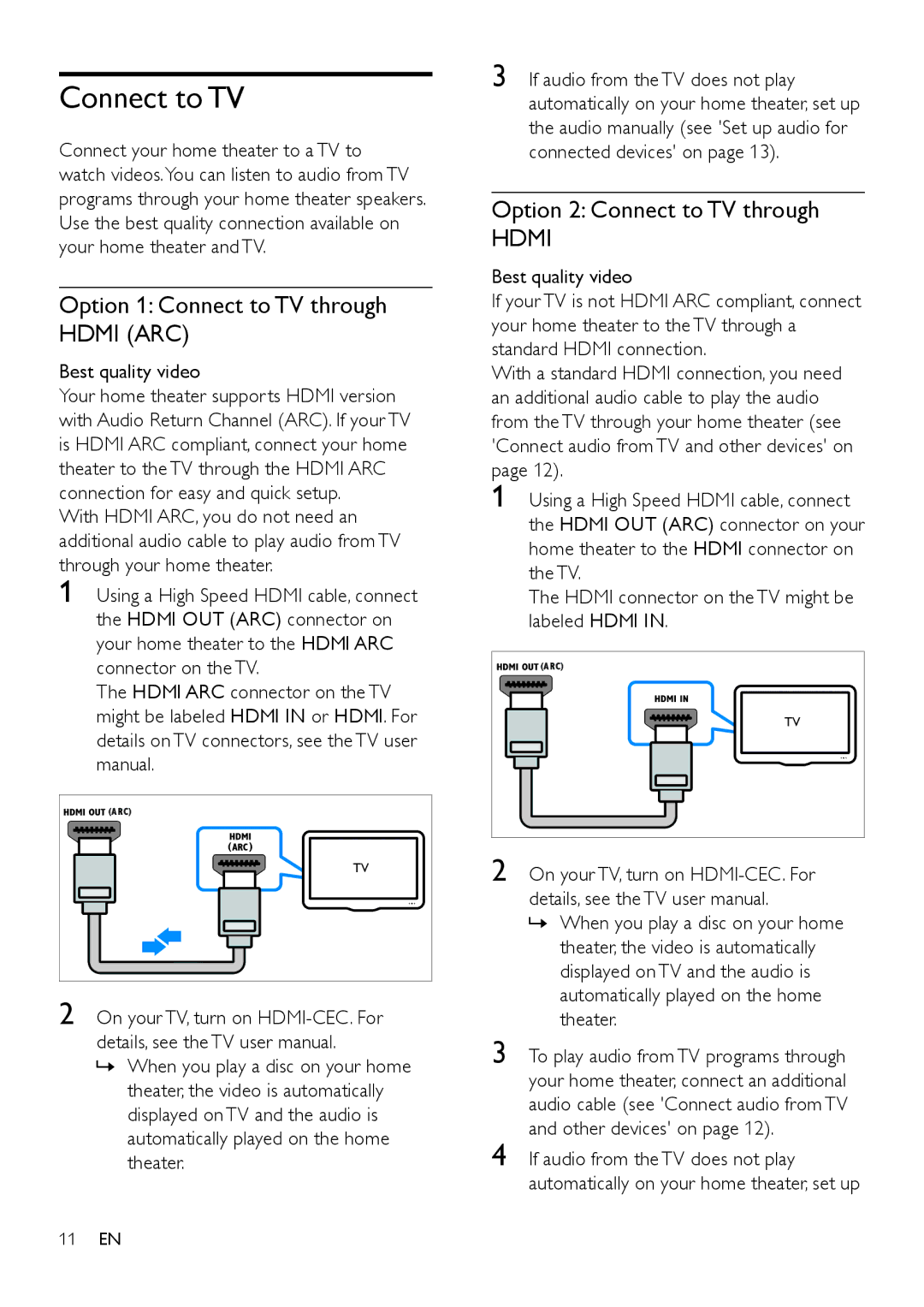 Philips HTS3541 user manual Option 1 Connect to TV through Hdmi ARC, Option 2 Connect to TV through, Best quality video 