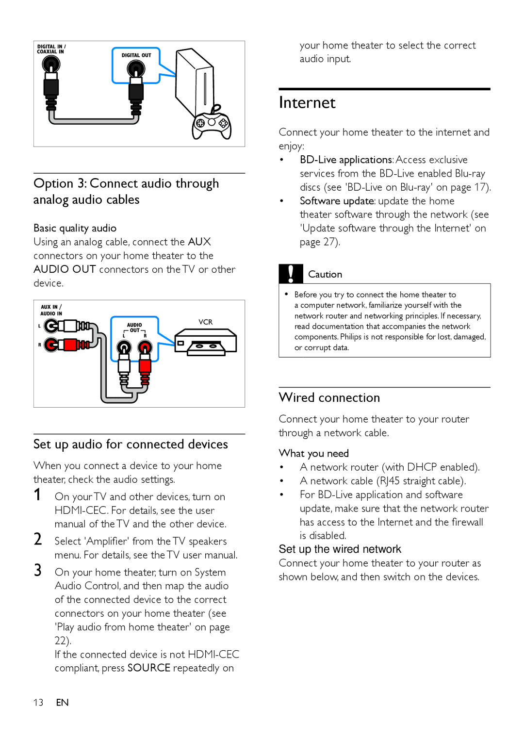 Philips HTS3541 Internet, Option 3 Connect audio through analog audio cables, Set up audio for connected devices 