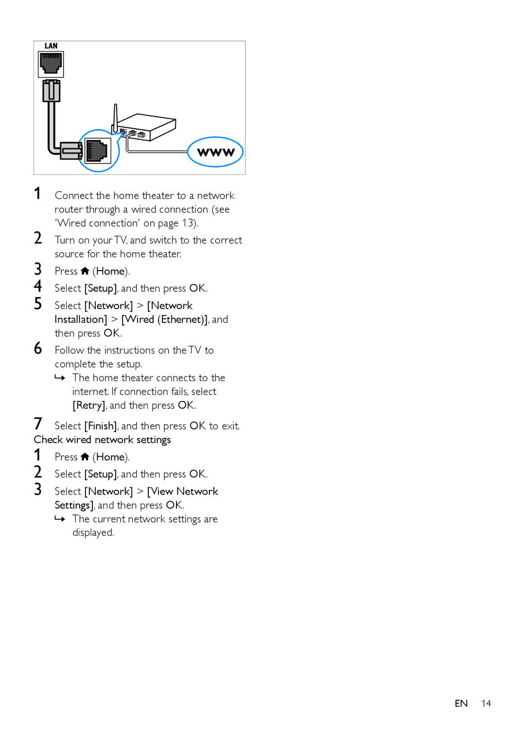 Philips HTS3541 user manual Check wired network settings 