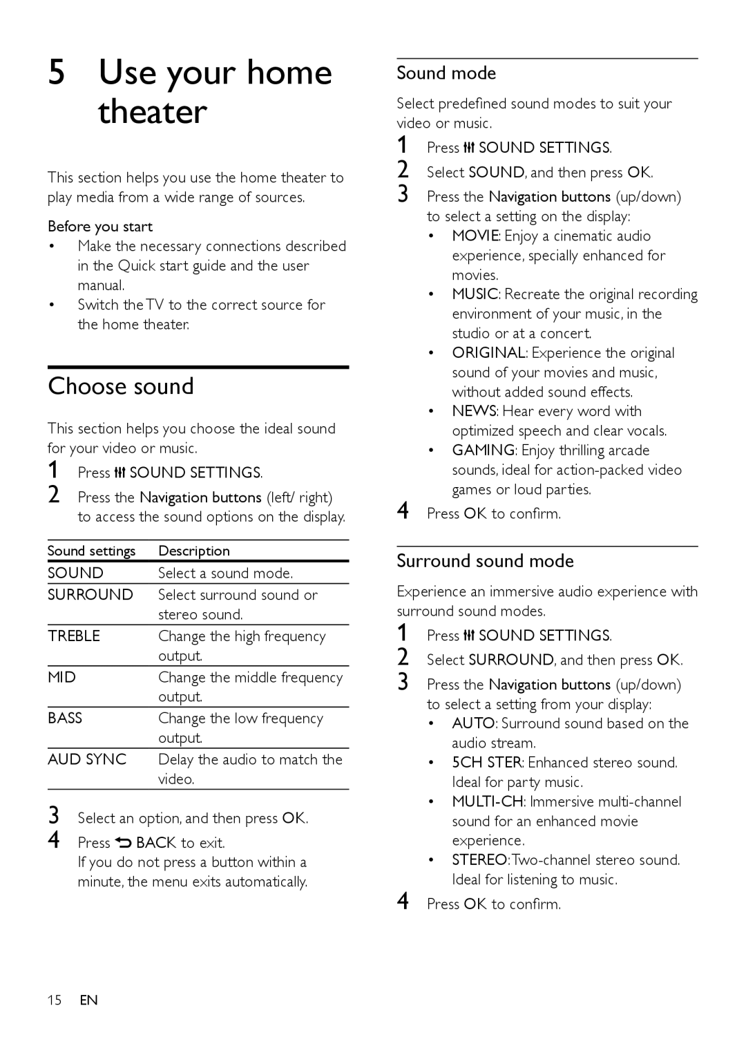 Philips HTS3541 user manual Use your home theater, Choose sound, Sound mode, Surround sound mode 