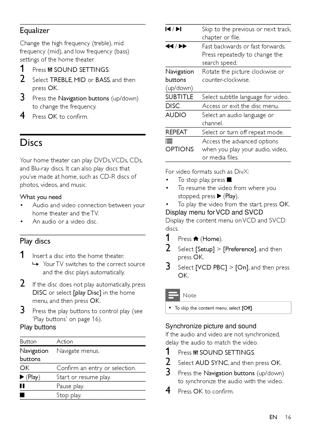 Philips HTS3541 user manual Discs, Equalizer, Play discs, Play buttons, Synchronize picture and sound 