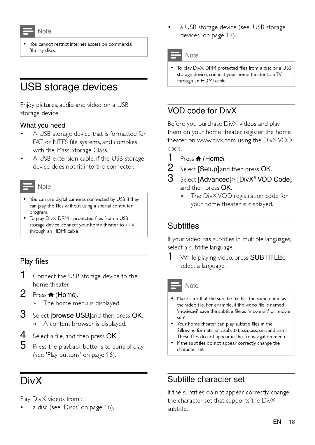 Philips HTS3541 user manual USB storage devices, DivX 