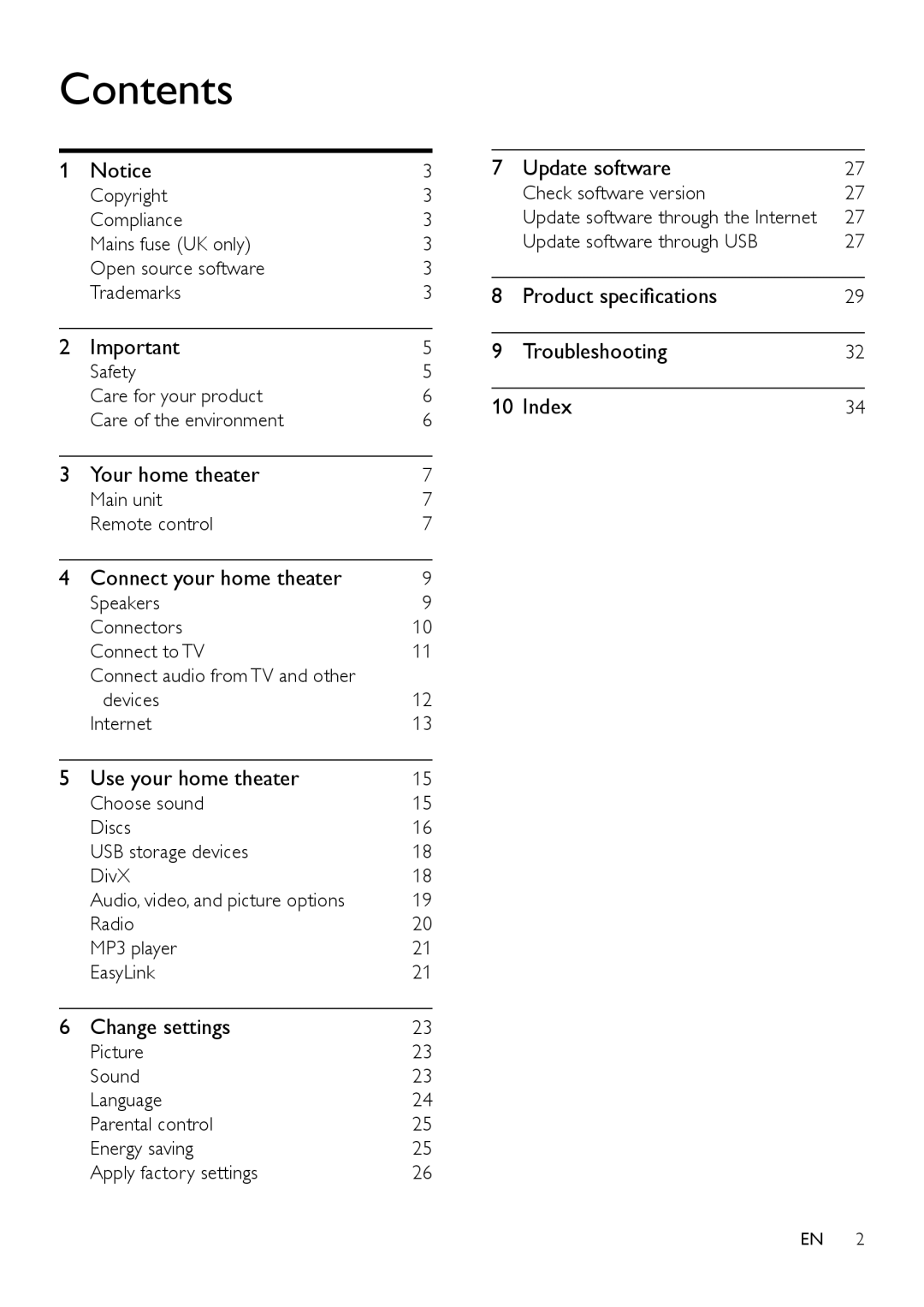 Philips HTS3541 user manual Contents 