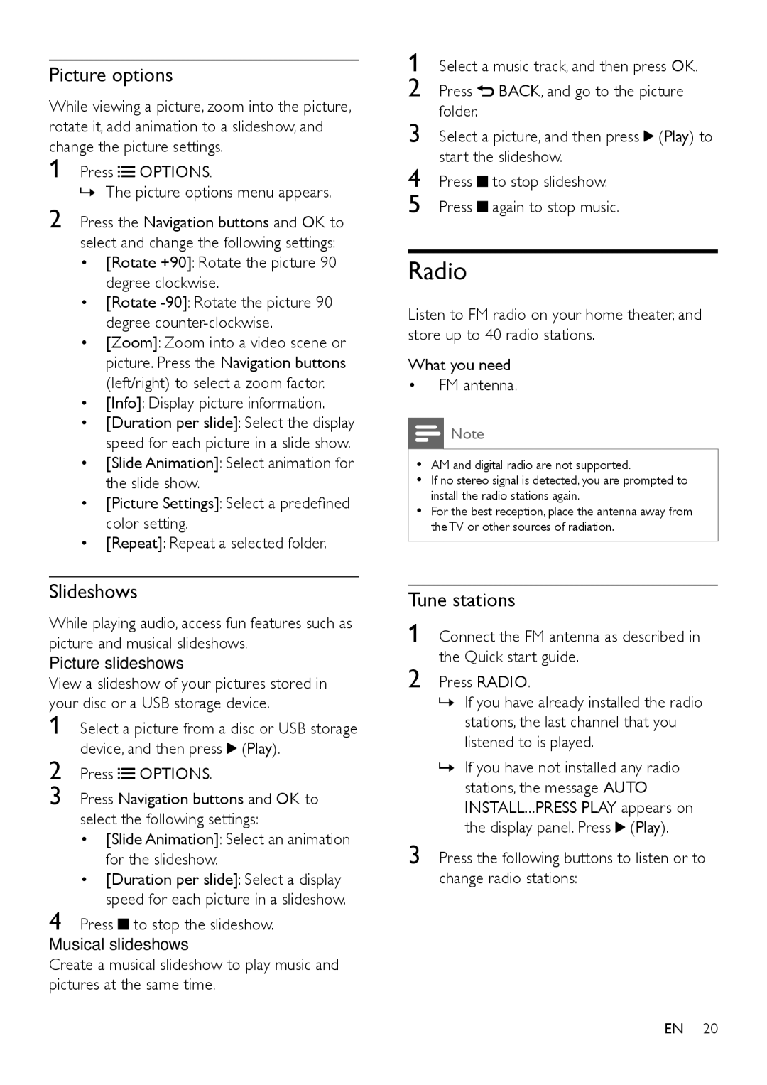 Philips HTS3541 user manual Radio, Picture options, Slideshows, Tune stations 