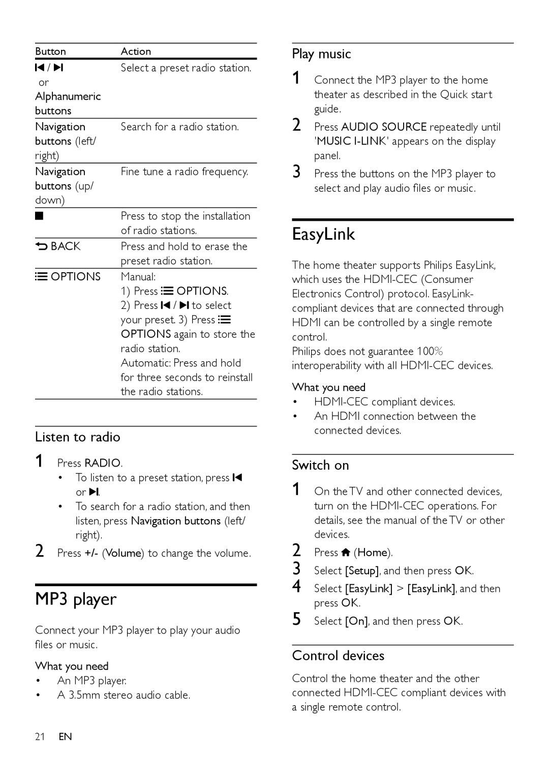 Philips HTS3541 user manual MP3 player, EasyLink 